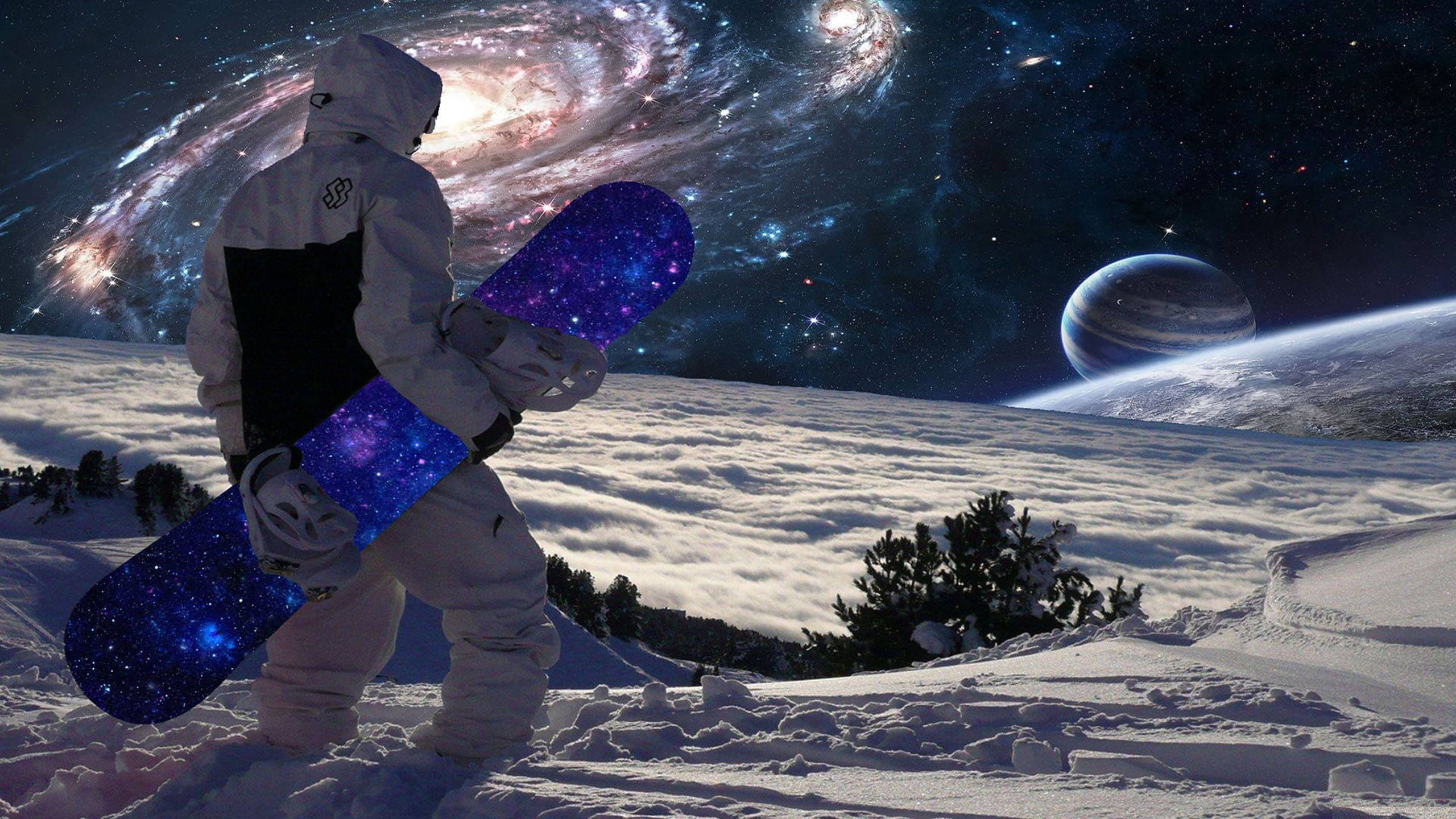 galaxy-patterned board, cosmic sky, spiral galaxies, 2K Desktop Wallpaper