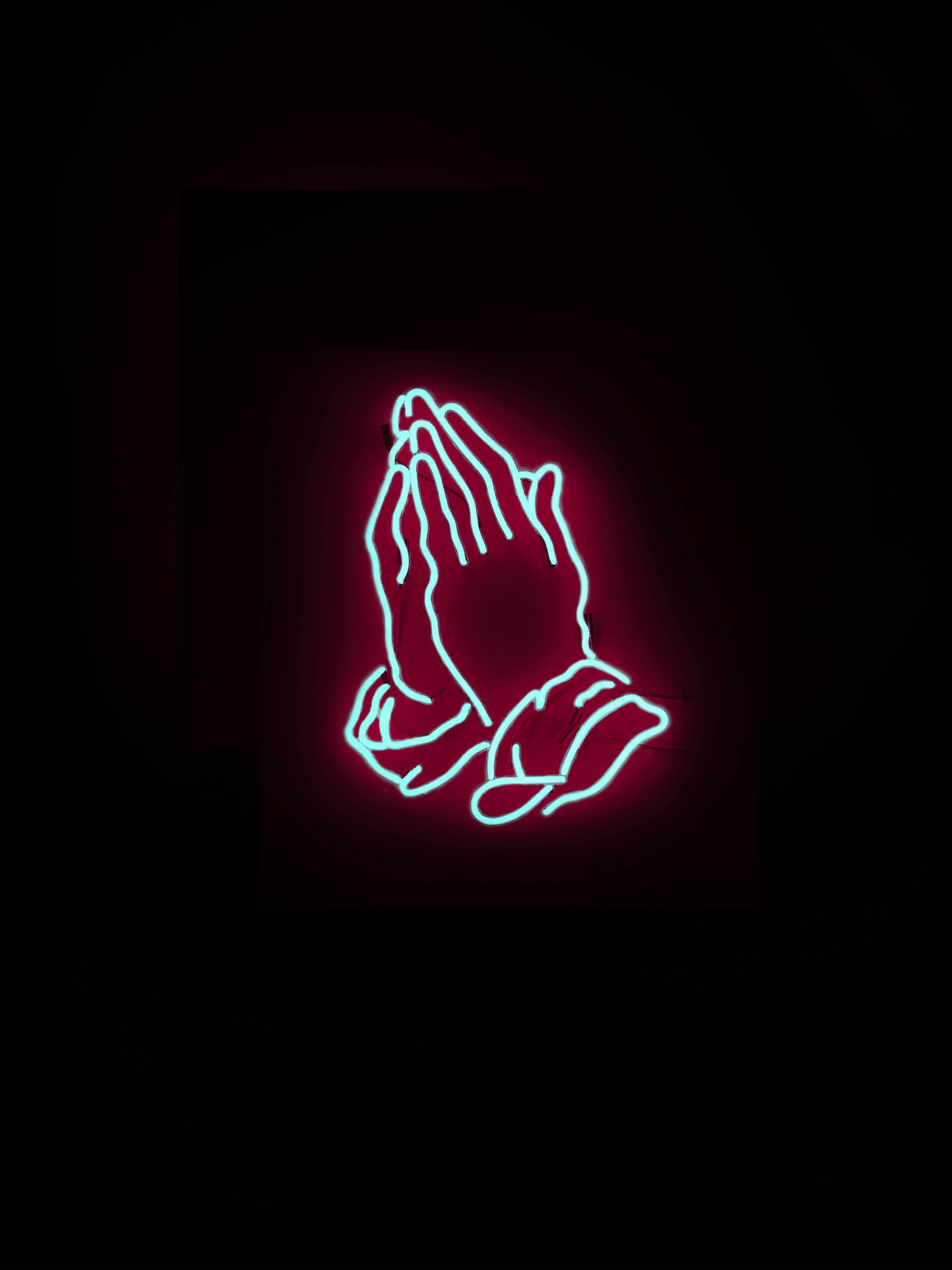 neon sign, hands clasped in prayer, dark background, 4K Phone Wallpaper