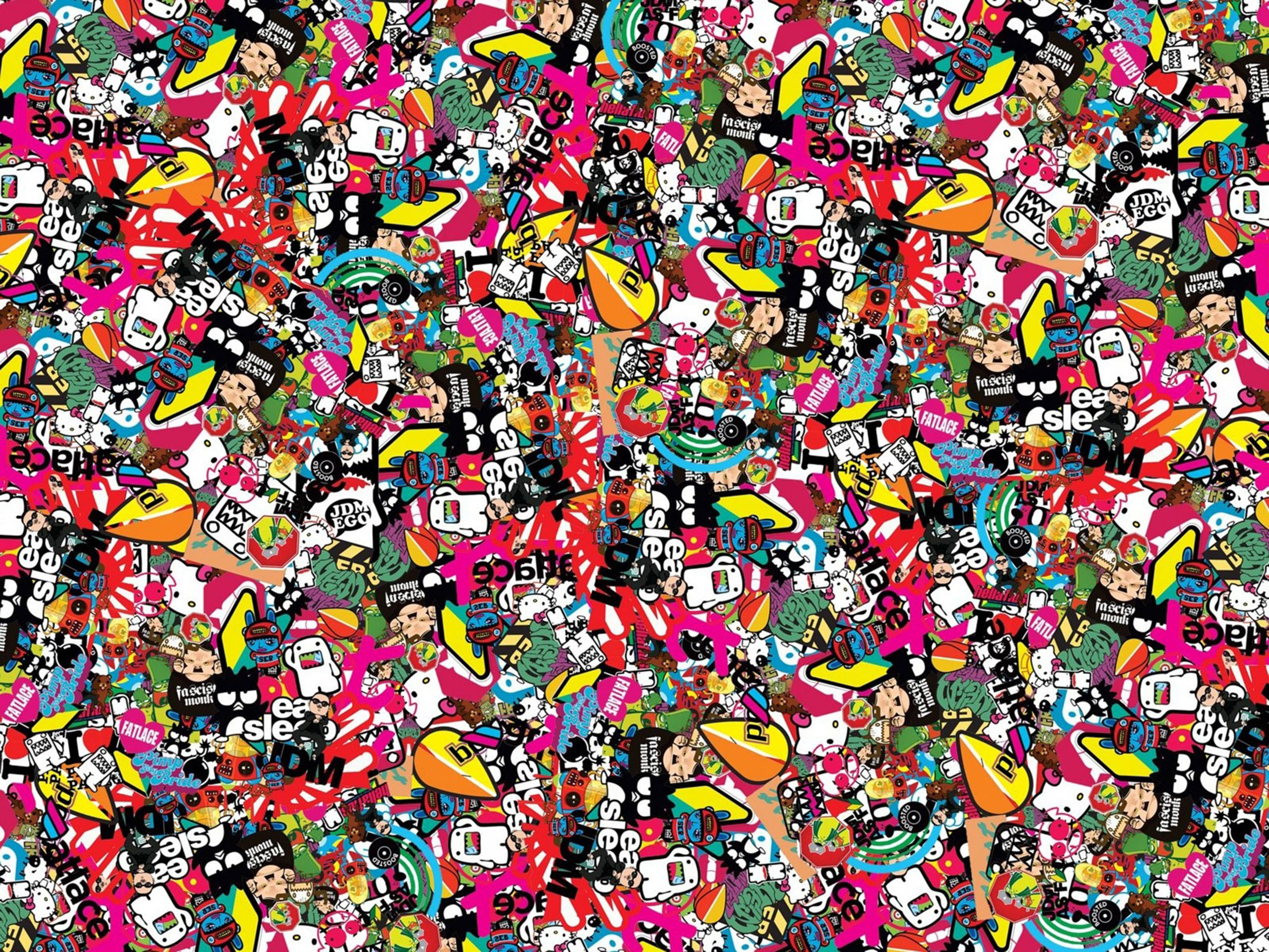Dope Sticker Bomb Art, pink background, cartoon characters, 2K Desktop Wallpaper