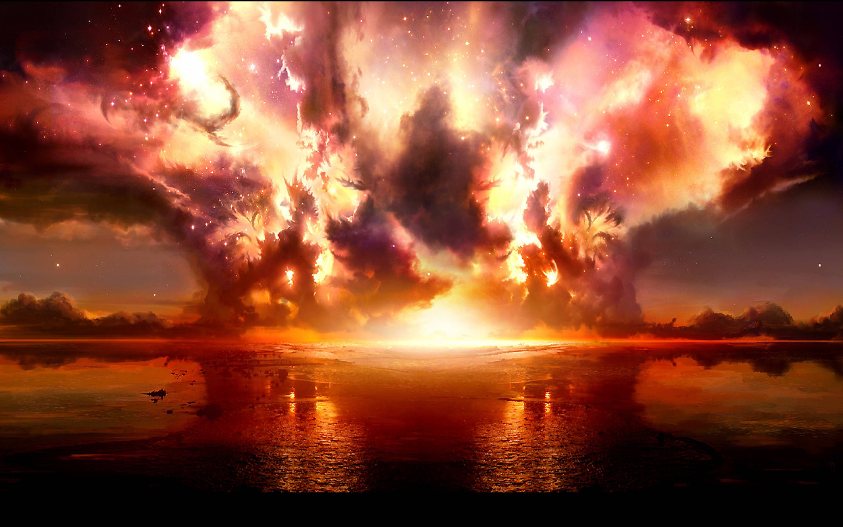 Dope Explosions Sci-Fi Landscape, sunset, reflective ocean, 2K Desktop Wallpaper