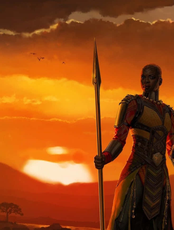 Dora Milaje, fiery sunset sky, spear, SD Phone Wallpaper