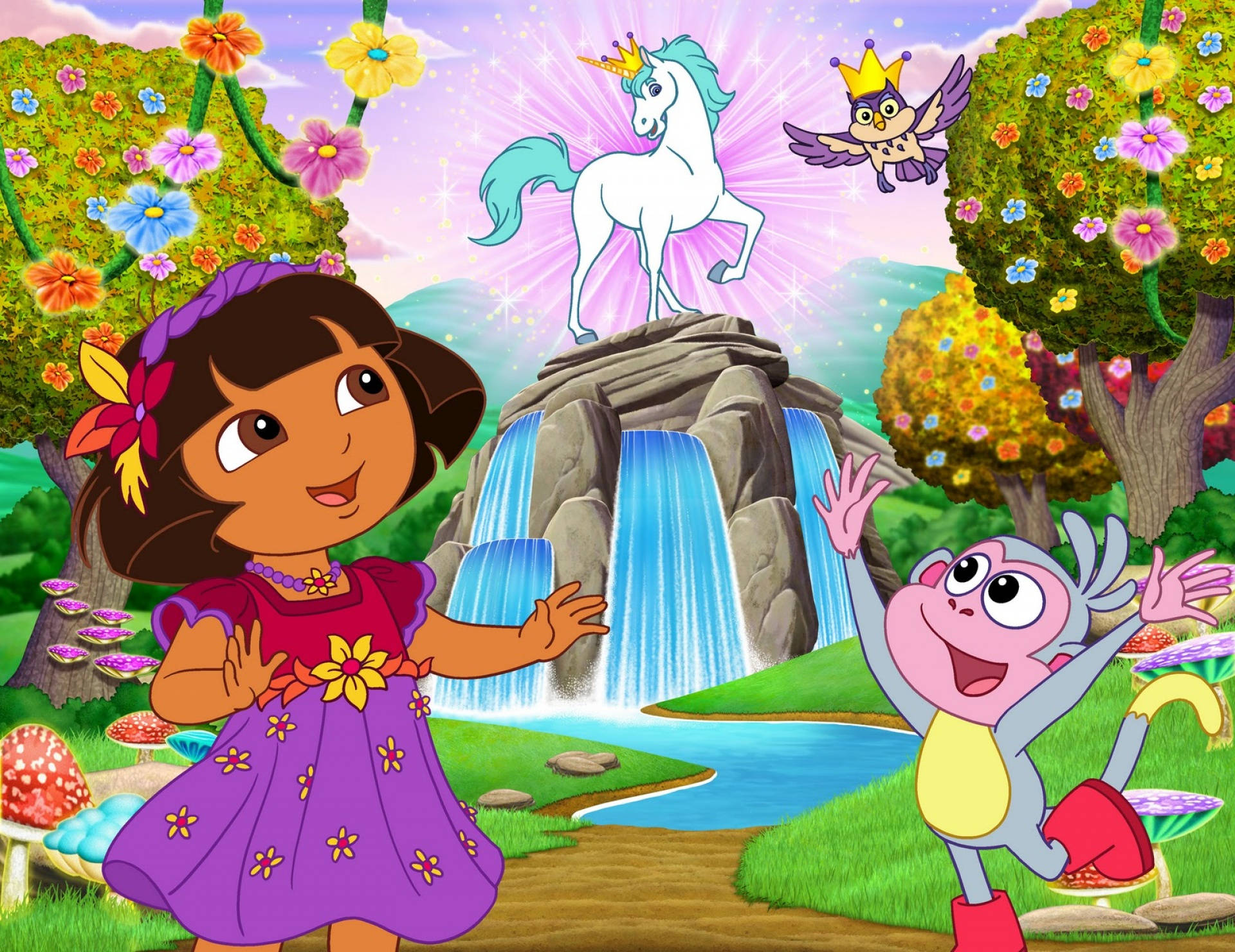 Dora The Explorer, enchanted forest, glowing unicorn, Full HD Desktop Wallpaper