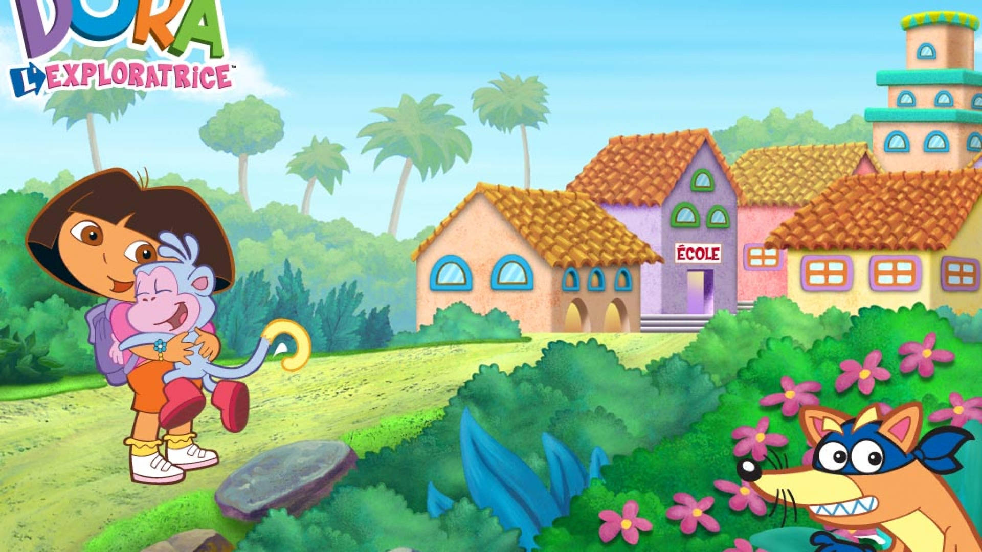 Dora The Explorer, Boots, colorful cartoon village, Full HD Desktop Wallpaper