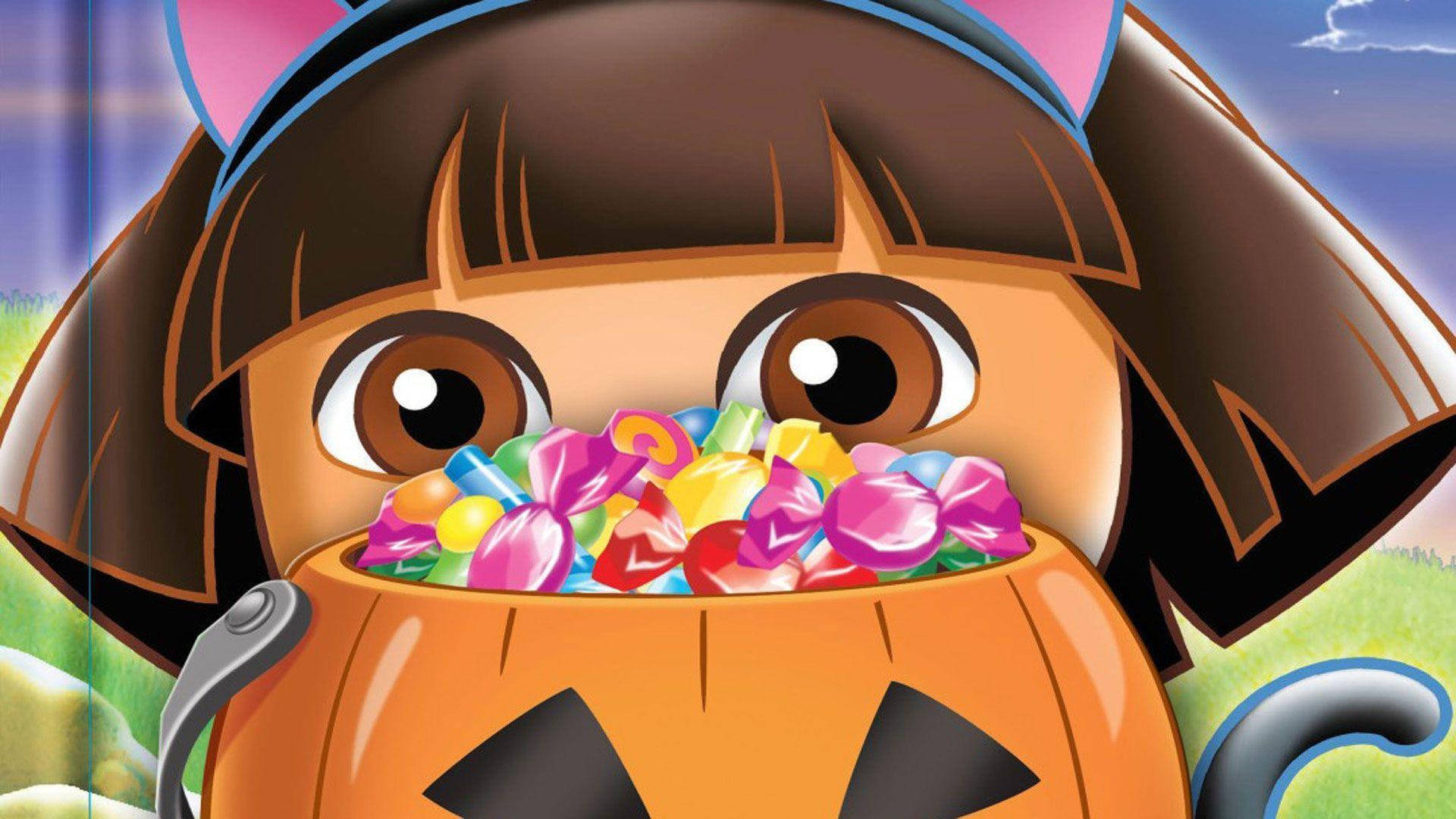 Dora The Explorer, cat costume, pumpkin bucket, Full HD Desktop Wallpaper