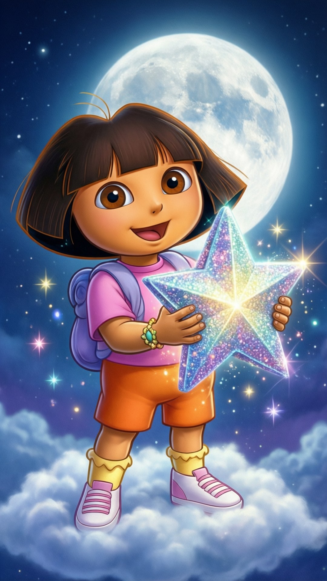Dora the Explorer, starry night, fluffy clouds, Full HD Phone Wallpaper