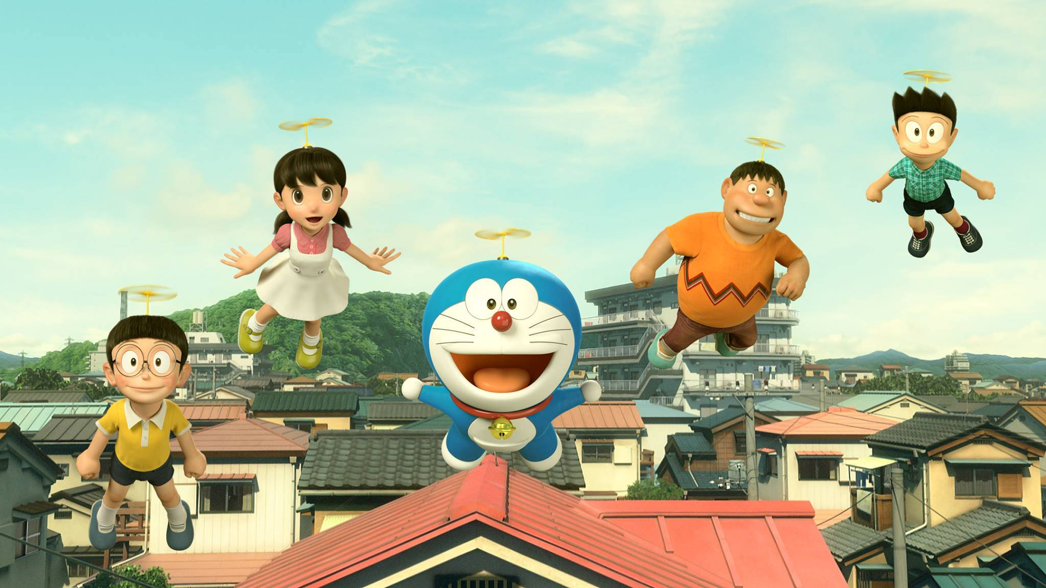 Doraemon, friends, propellers on their heads, Full HD Desktop Wallpaper
