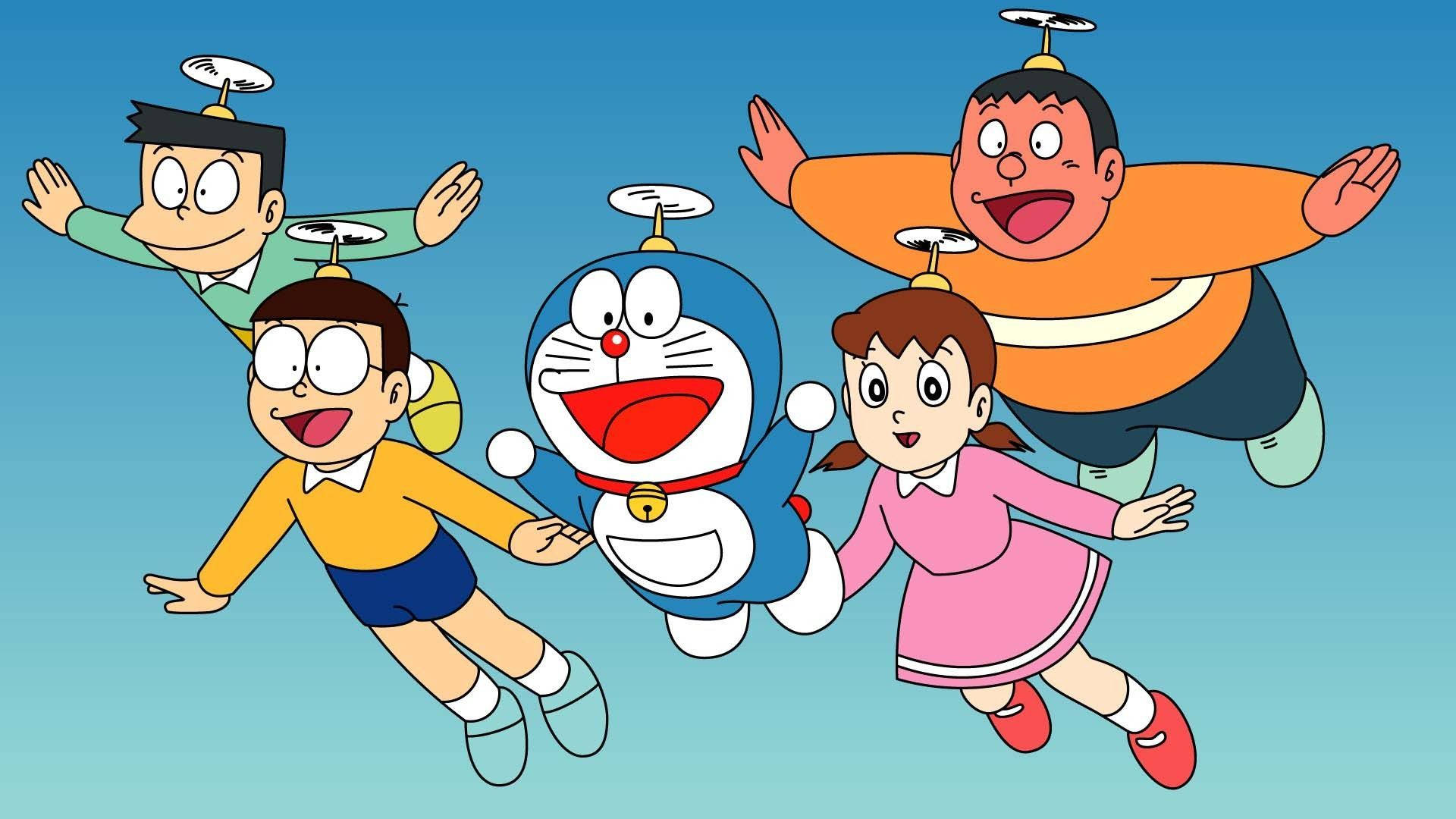 Doraemon, propeller hats, clear blue sky, Full HD Desktop Wallpaper