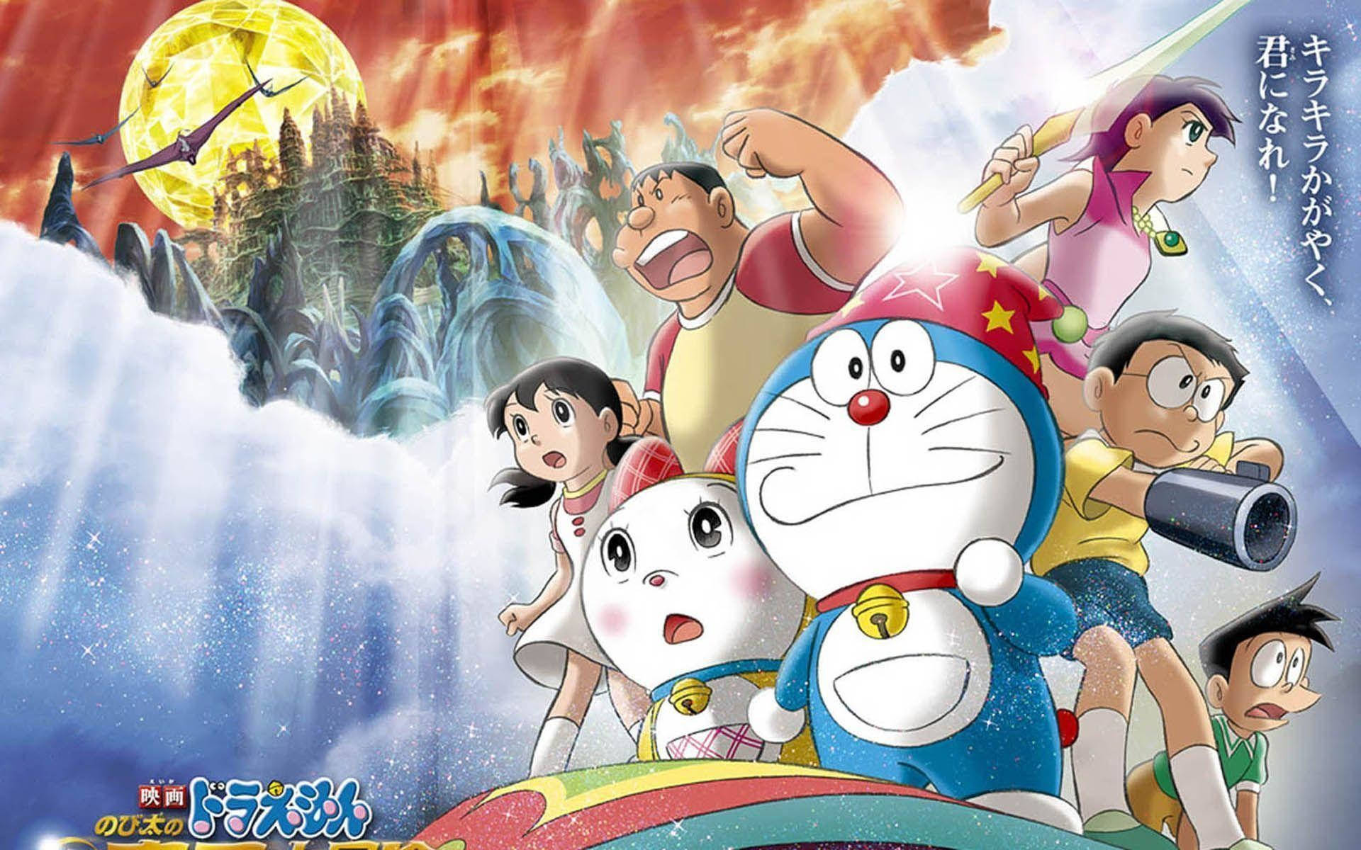 Doraemon, rainbow spaceship, glowing yellow moon, Full HD Desktop Wallpaper