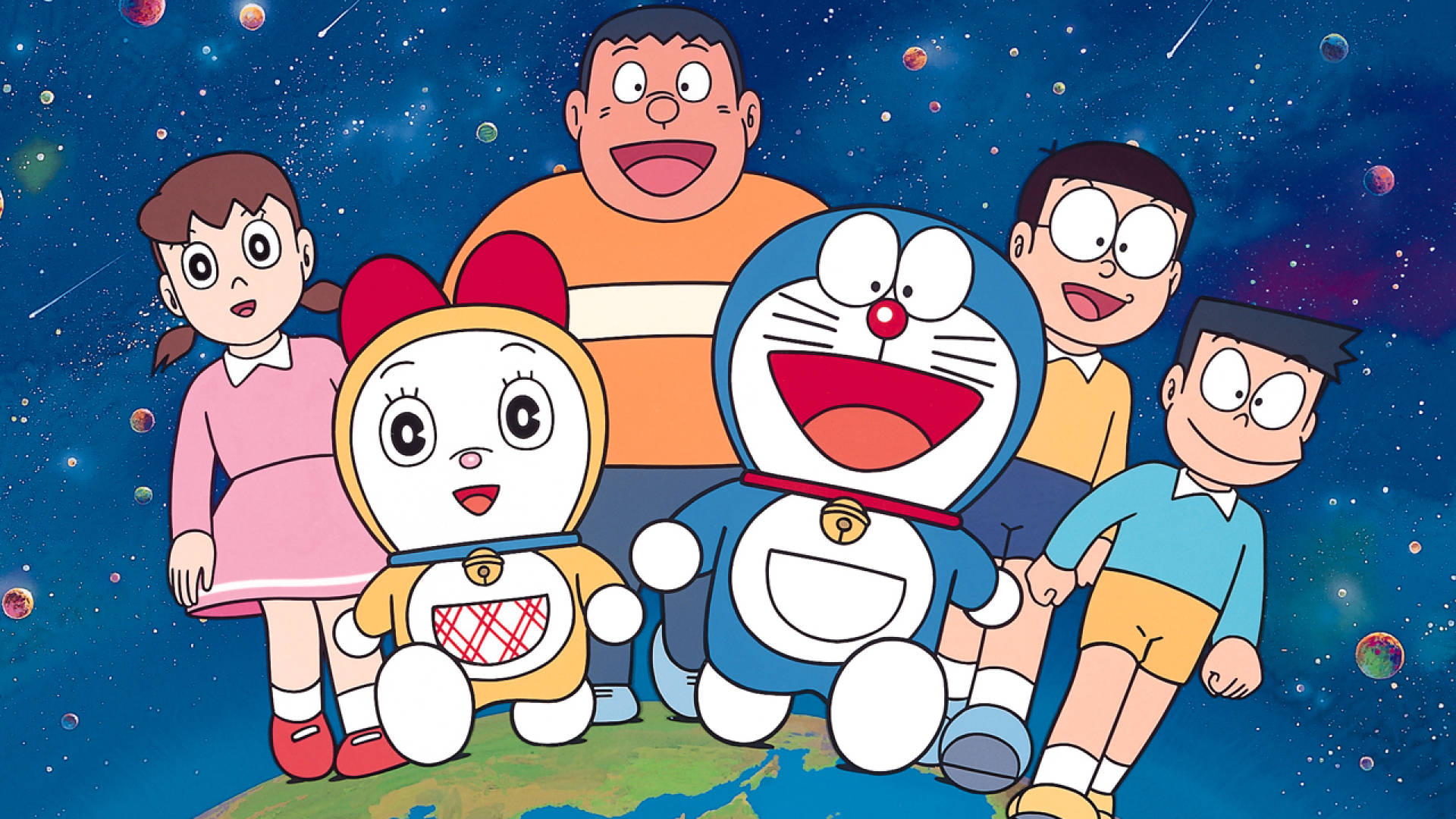 Doraemon, Earth, starry space backdrop, Full HD Desktop Wallpaper