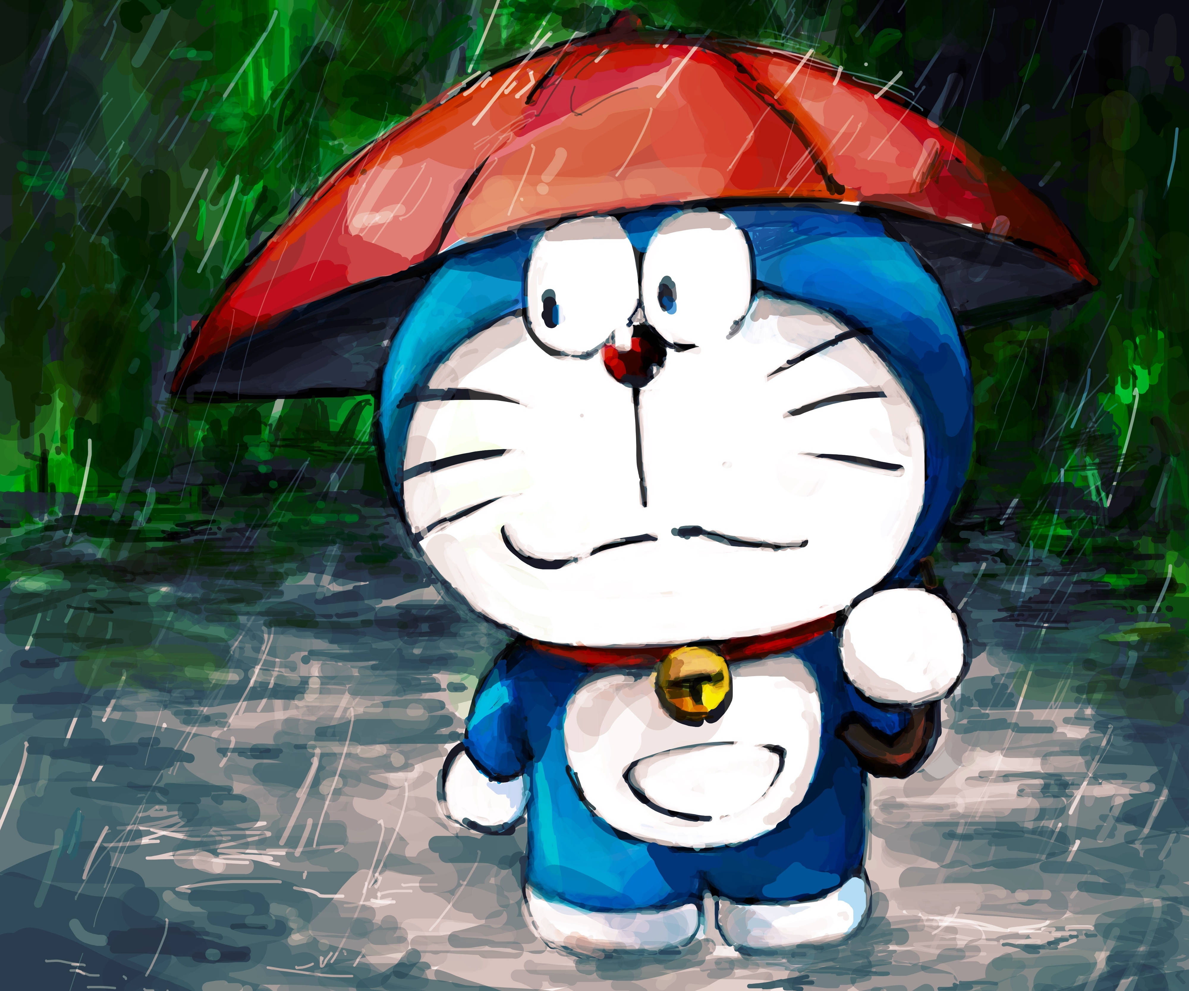 Doraemon, red umbrella, heavy rain, 4K Desktop Wallpaper