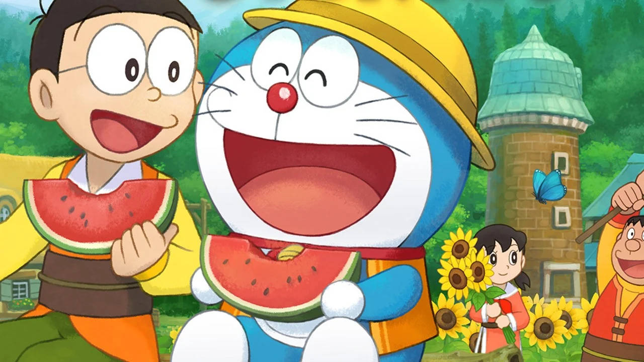 Doraemon, watermelon, sunflower field, HD Desktop Wallpaper