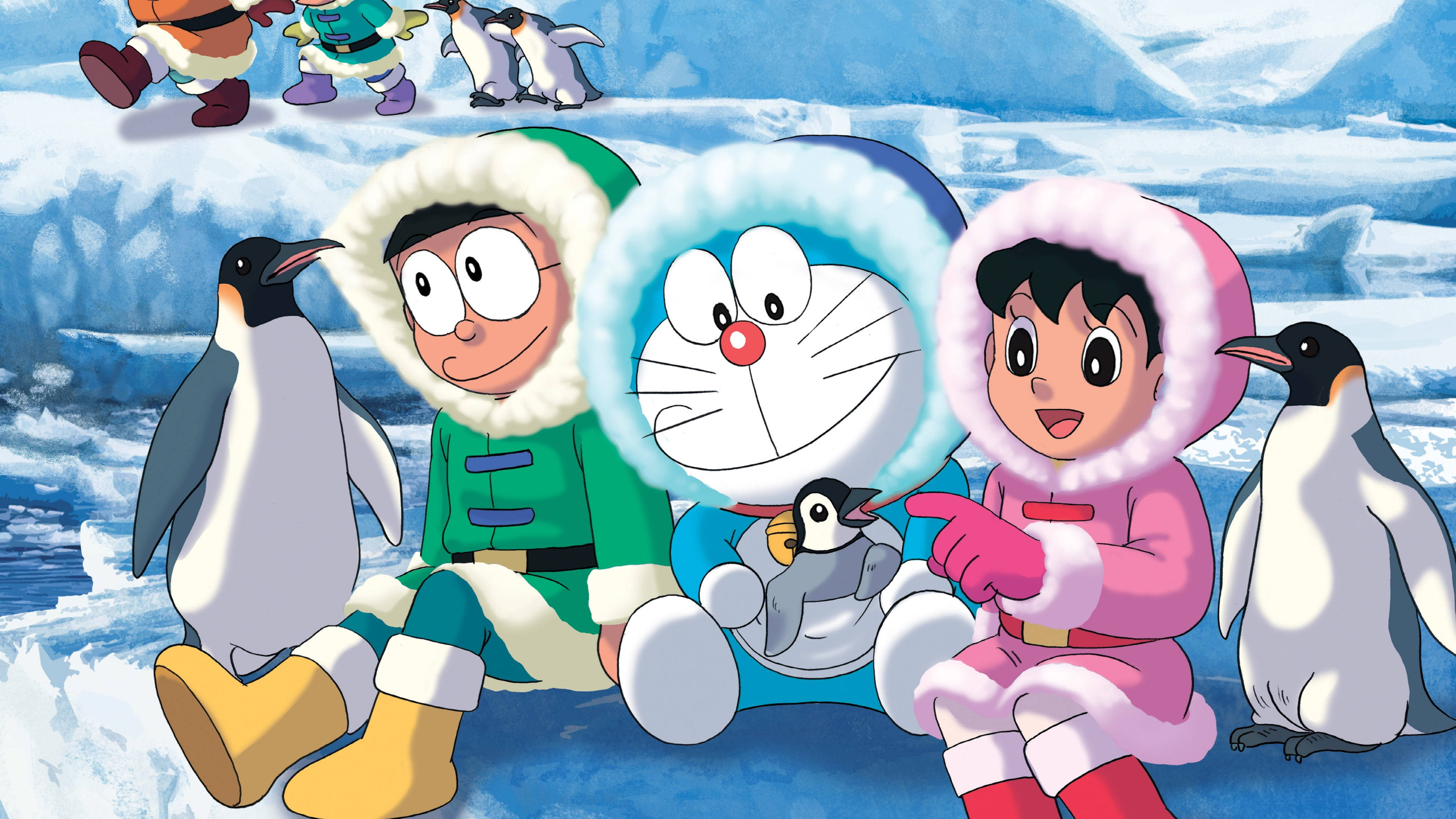 Doraemon, friends, winter gear, 4K Desktop Wallpaper