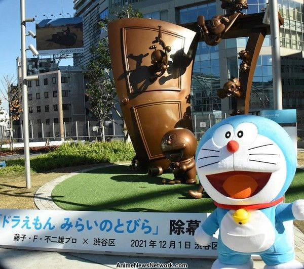 Doraemon, blue robot mascot, bronze statue of a door, SD Desktop Wallpaper