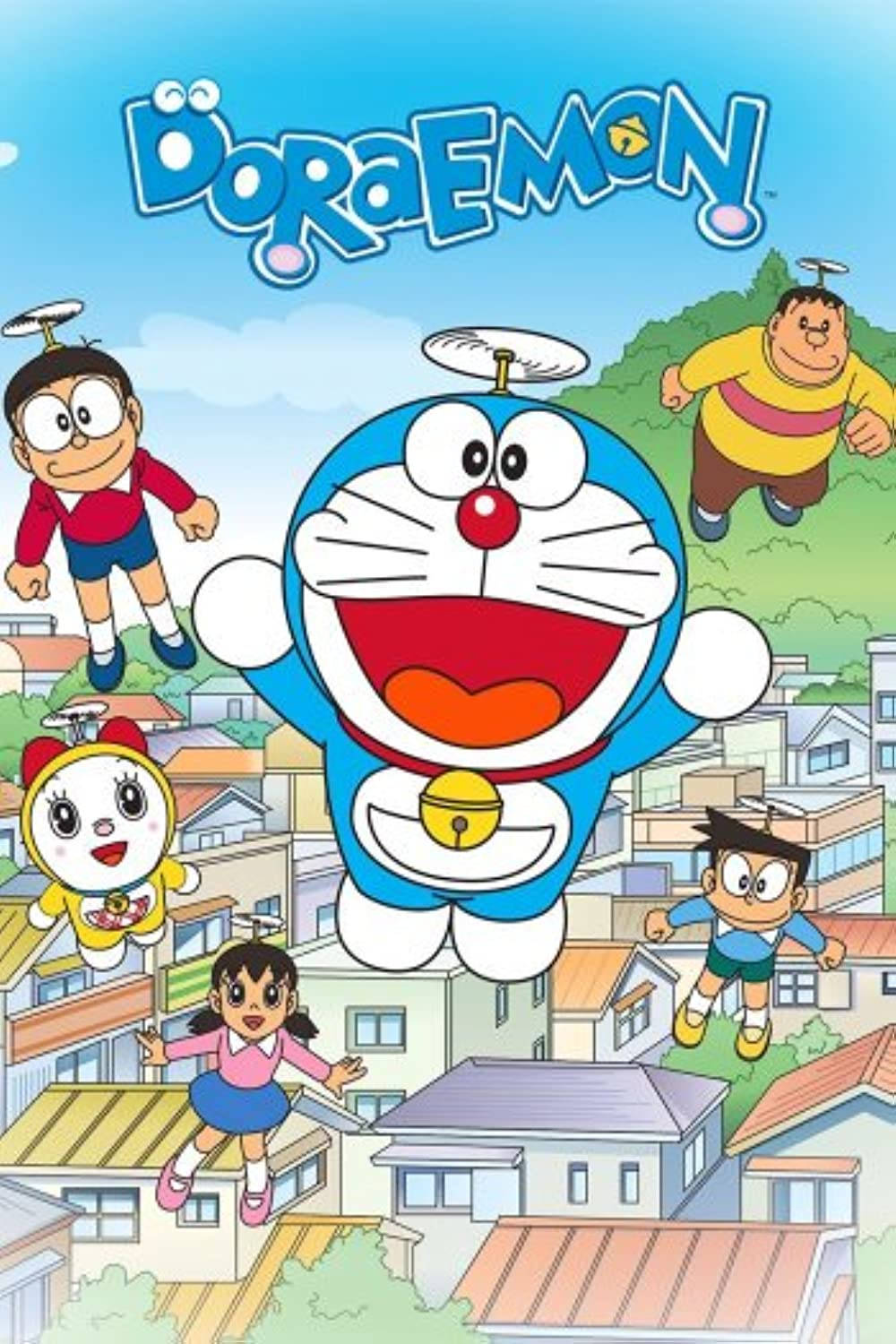 Doraemon, colorful suburban neighborhood, bright blue sky, HD Phone Wallpaper