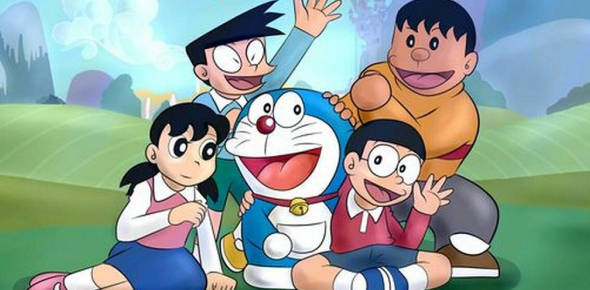 Doraemon, friends, bright green field, SD Desktop Wallpaper