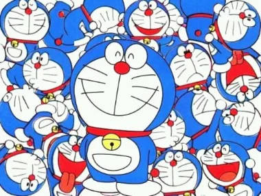 Doraemon, blue robotic cat, red collars, SD Desktop Wallpaper
