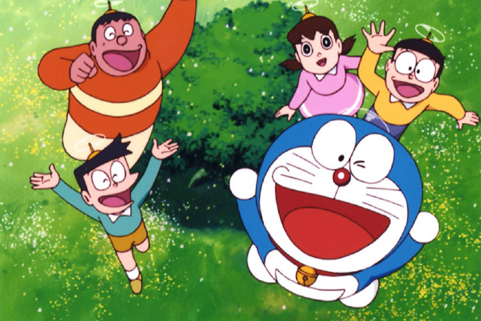 Doraemon, friends, vibrant green field, HD Desktop Wallpaper