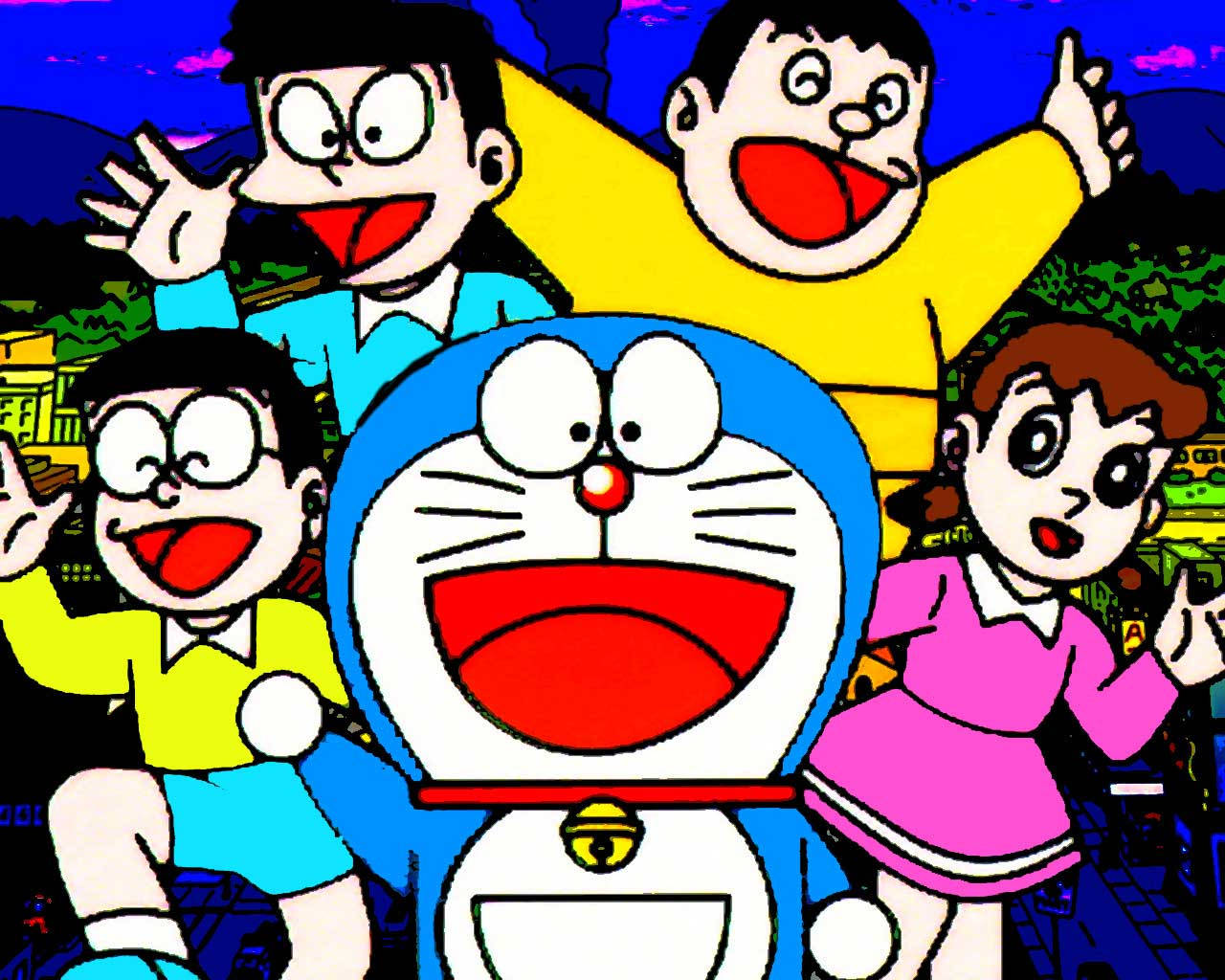 Doraemon, Nobita, cartoon cityscape, HD Desktop Wallpaper