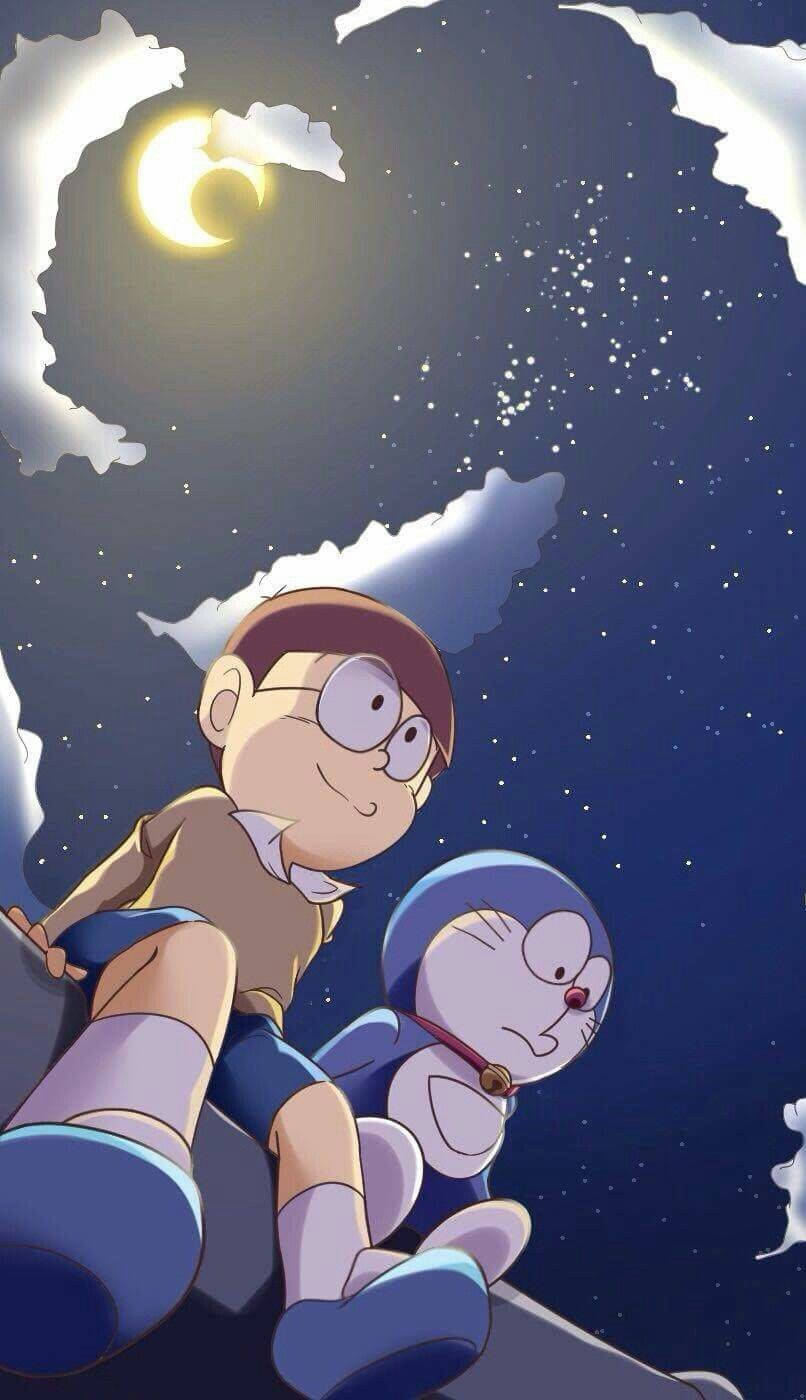 Doraemon, Nobita, crescent moon, HD Phone Wallpaper