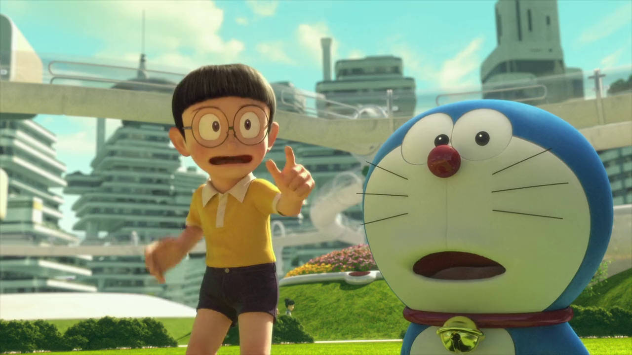 Doraemon, Nobita, futuristic cityscape, HD Desktop Wallpaper