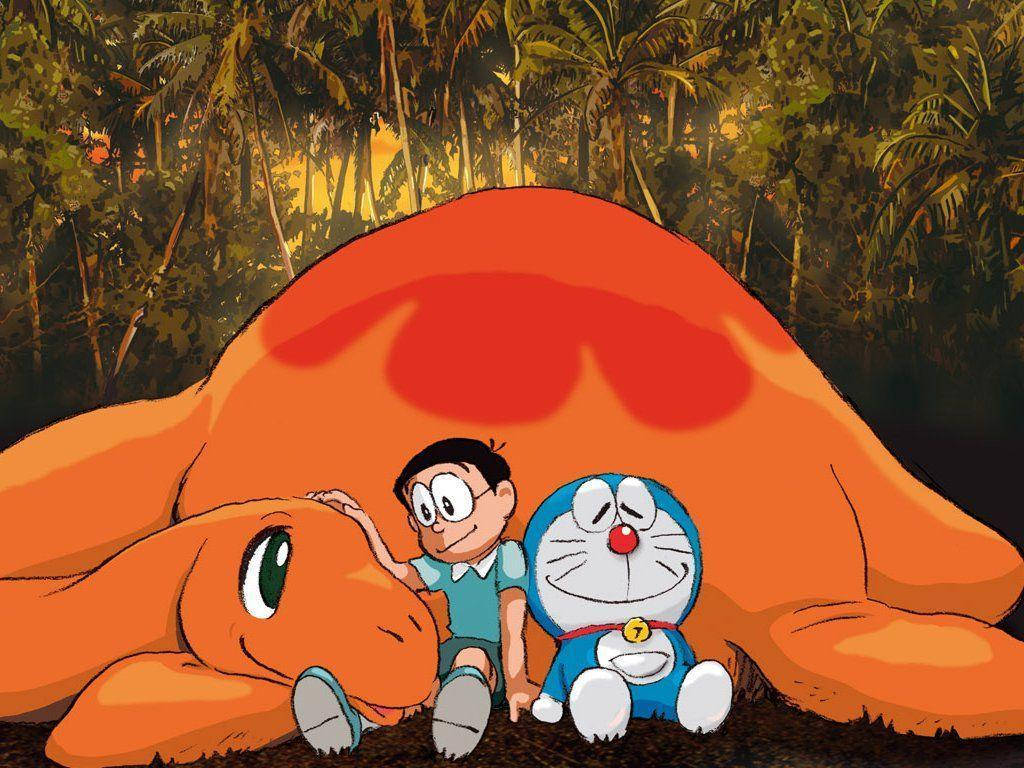 Doraemon, Nobita, giant orange dinosaur, SD Desktop Wallpaper