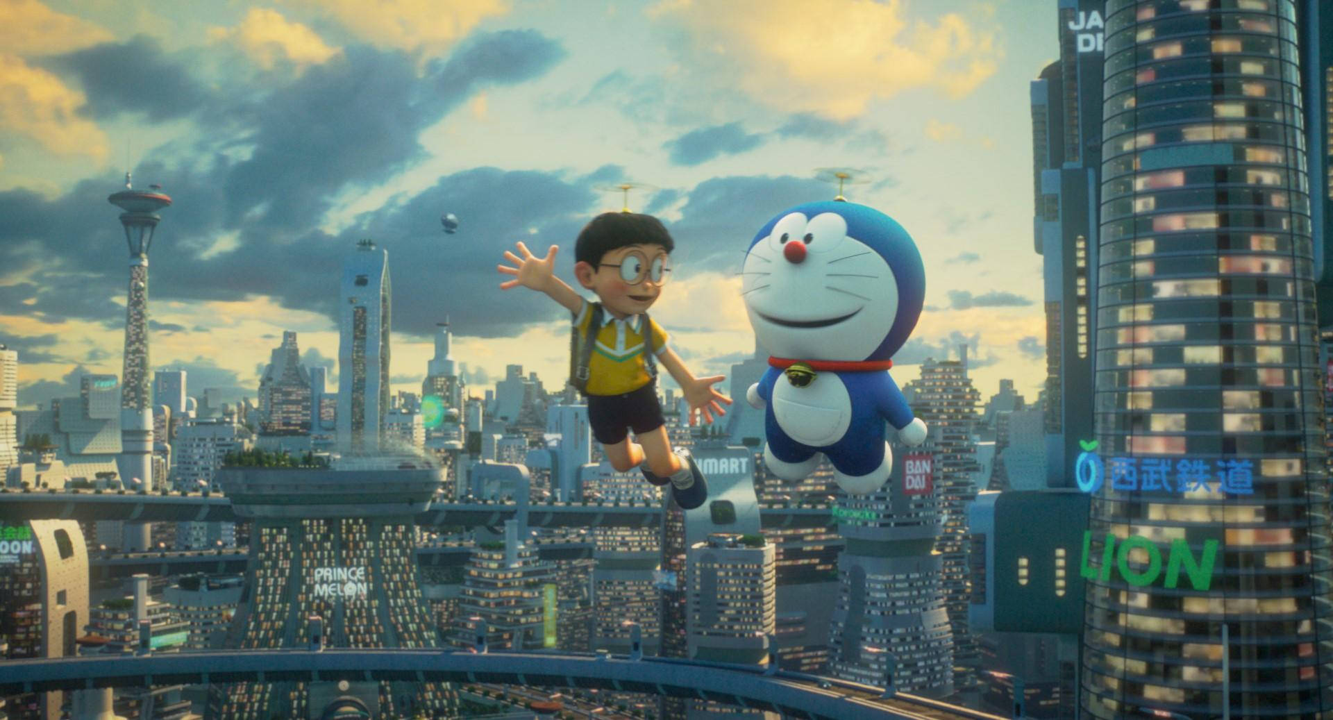 Doraemon, Nobita, futuristic Tokyo skyline, Full HD Desktop Wallpaper