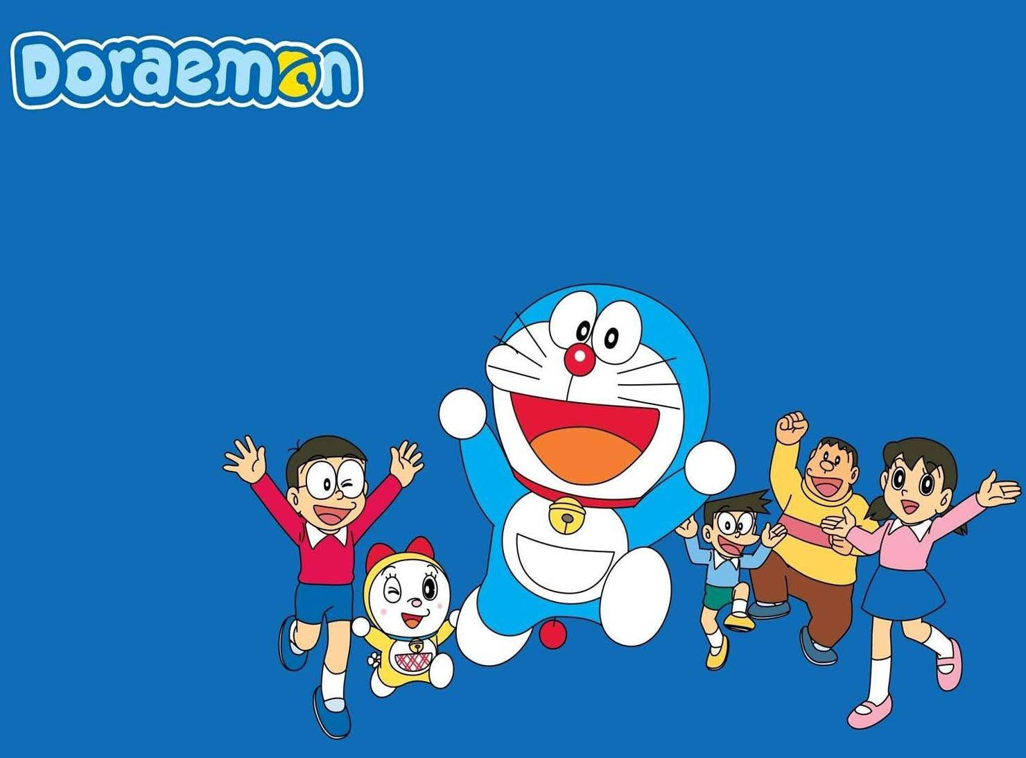 Doraemon, Nobita, blue background, HD Desktop Wallpaper