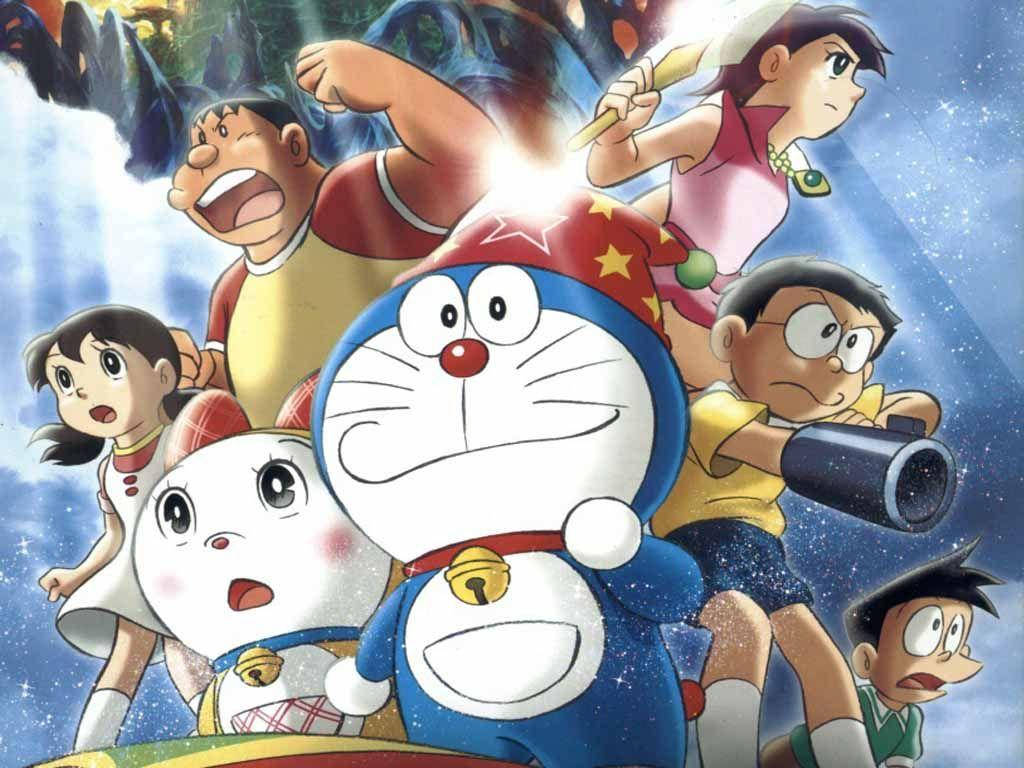 Doraemon, Nobita, starry cosmic backdrop, SD Desktop Wallpaper