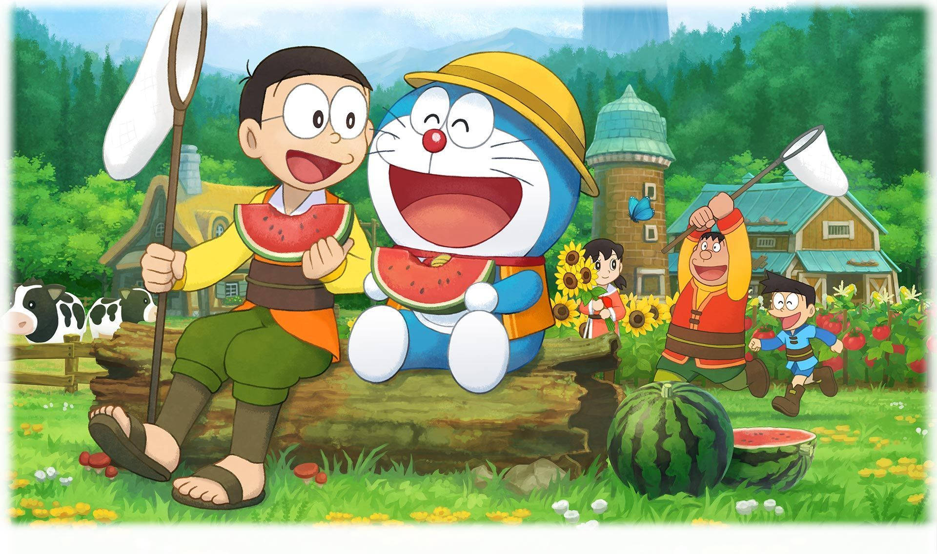 Doraemon, Nobita, watermelon, Full HD Desktop Wallpaper