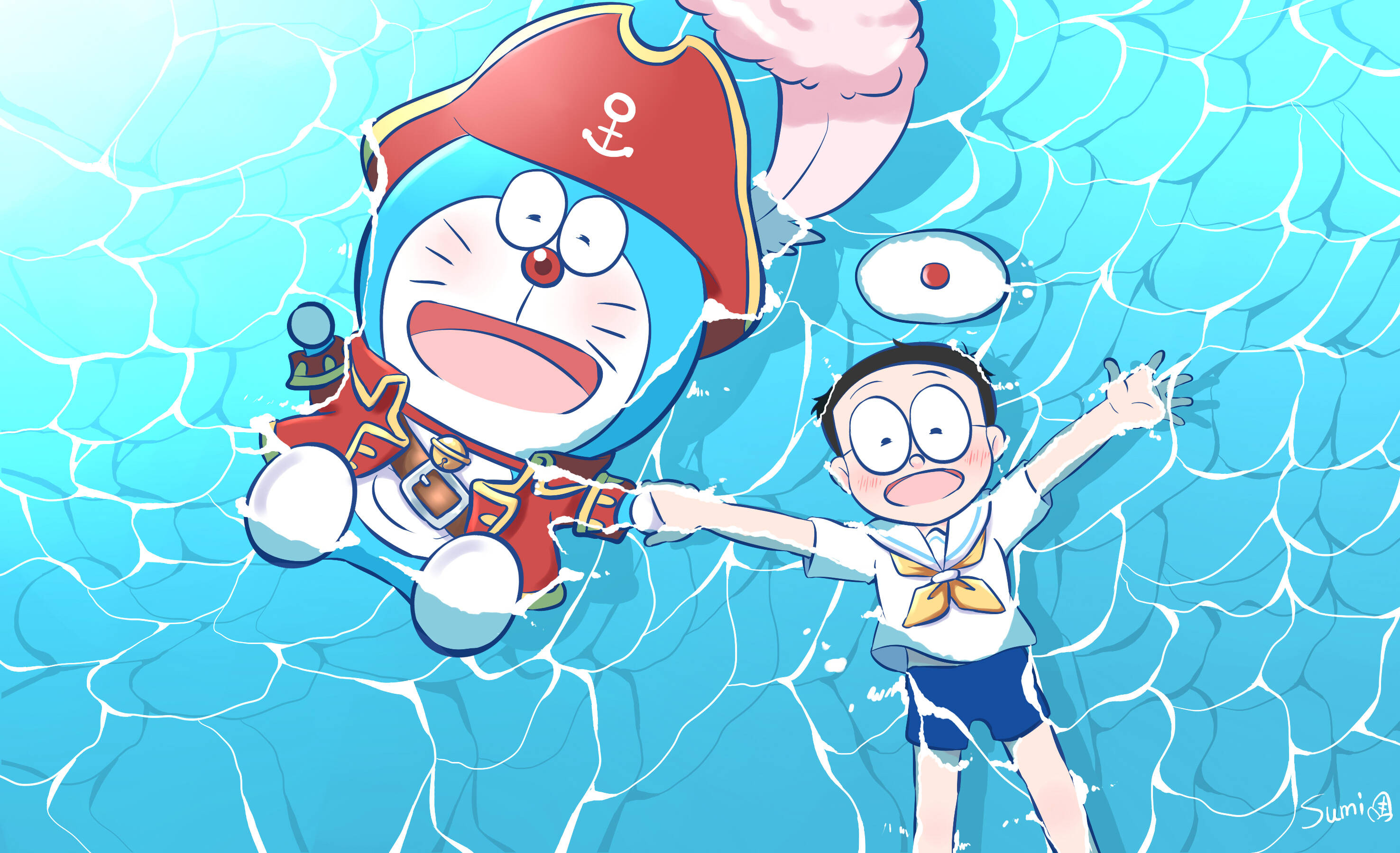 Doraemon, Nobita, ocean, 2K Desktop Wallpaper