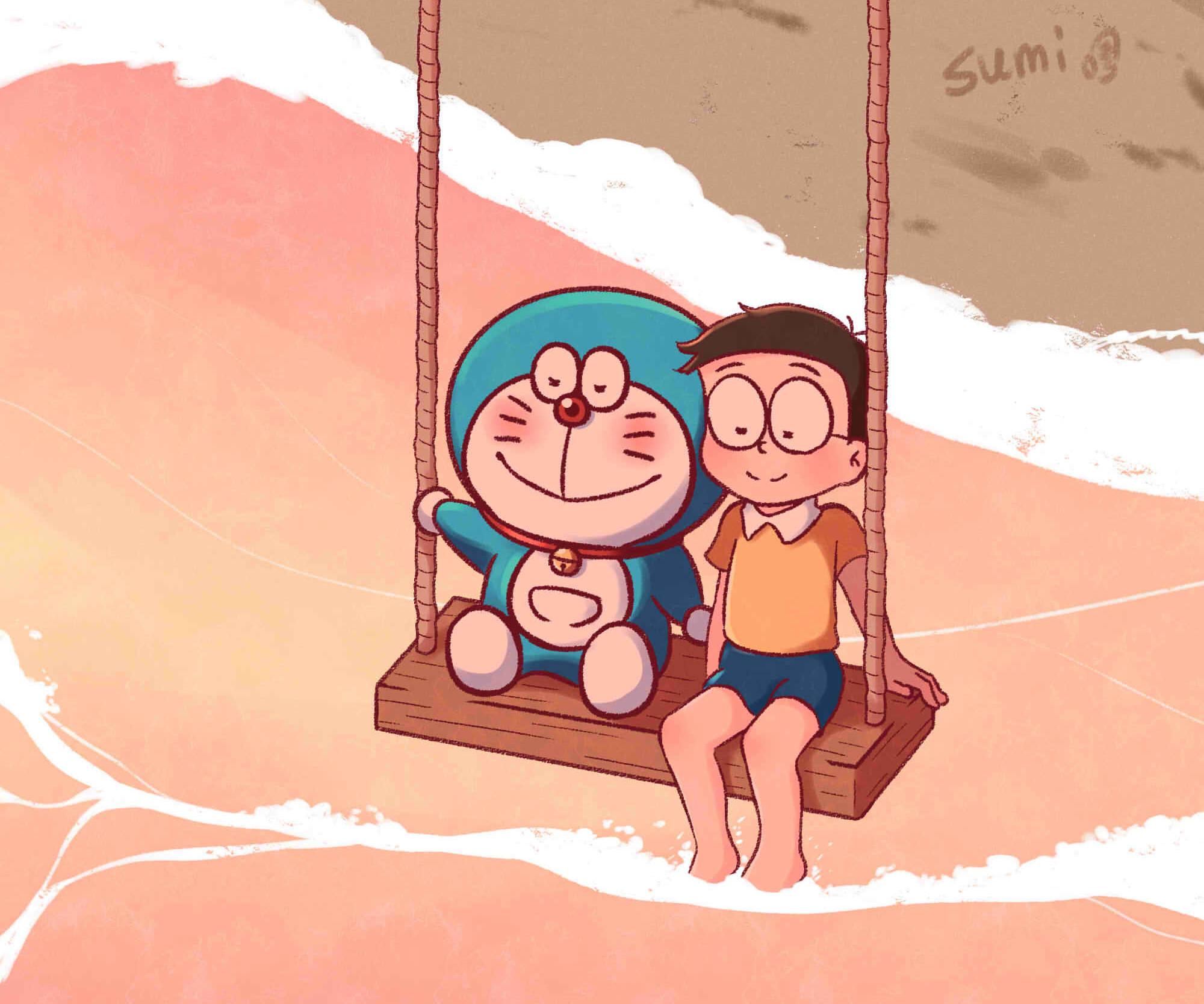 Doraemon, Nobita, wooden swing, Full HD Desktop Wallpaper