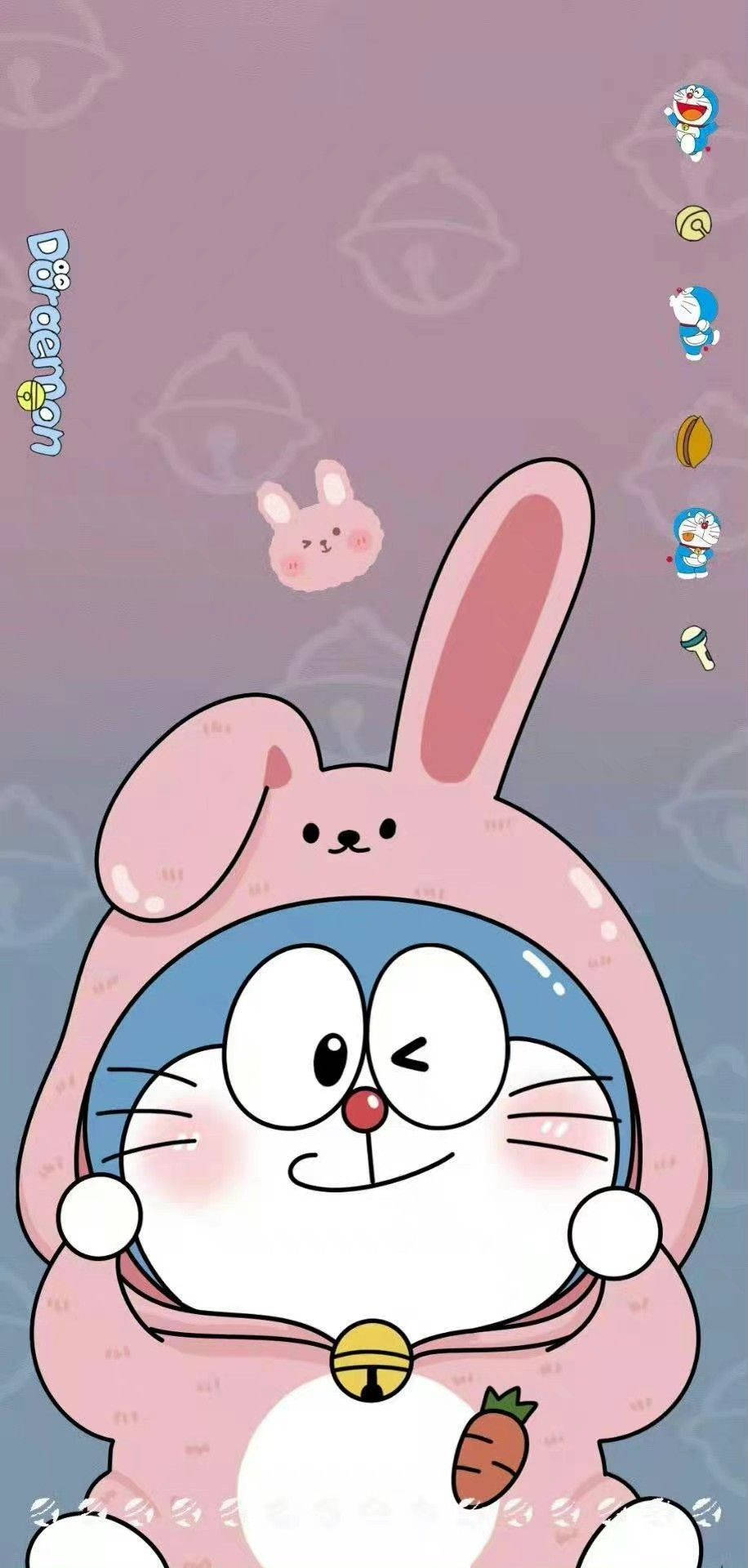 Doraemon, pink bunny costume, soft purple gradient background, Full HD Phone Wallpaper