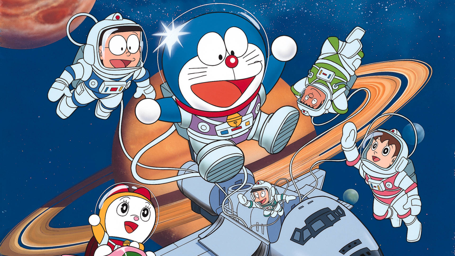 Doraemon, space suits, Saturn-like planet, Full HD Desktop Wallpaper