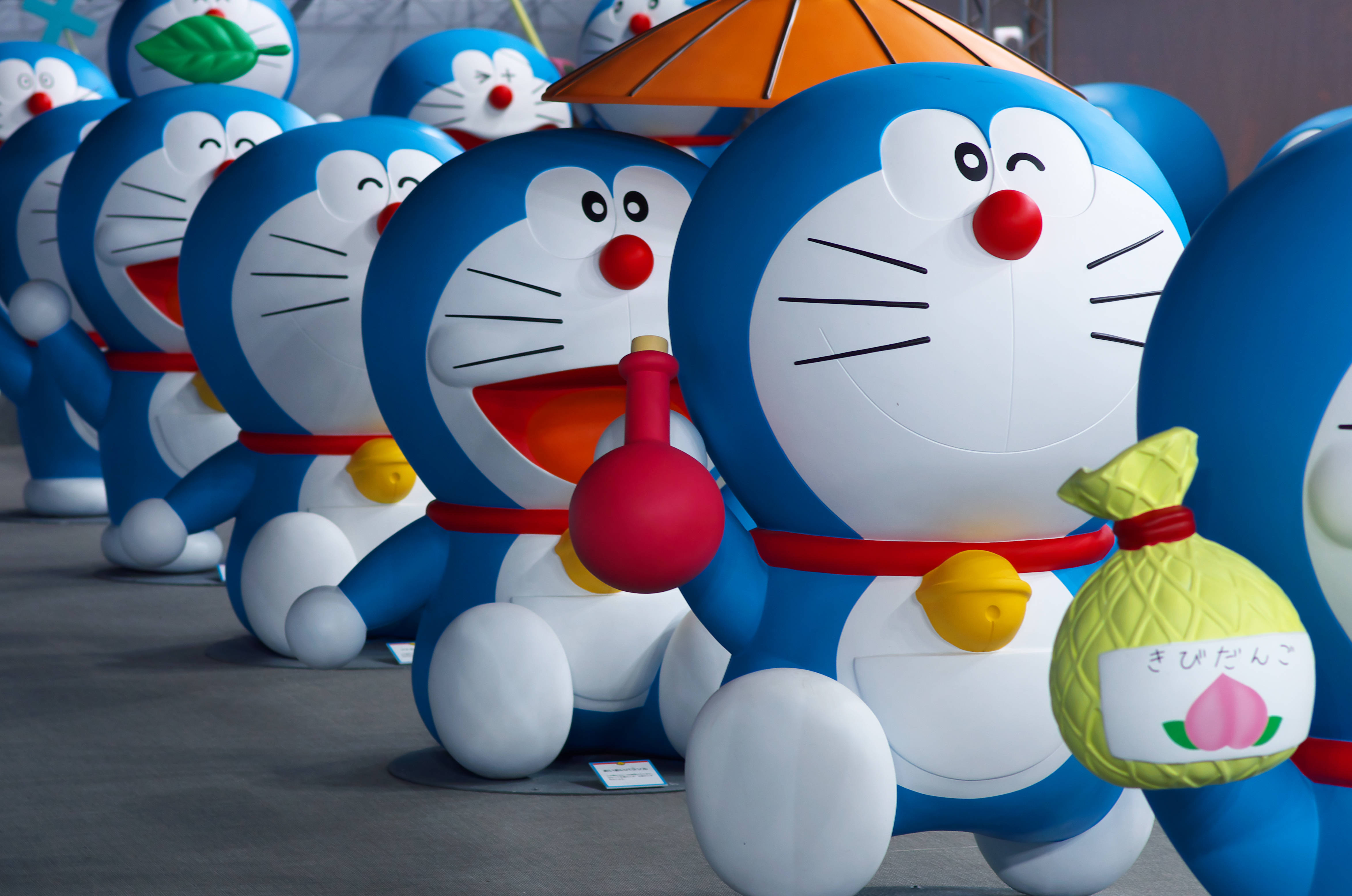Doraemon, blue, red balloons, 4K Desktop Wallpaper