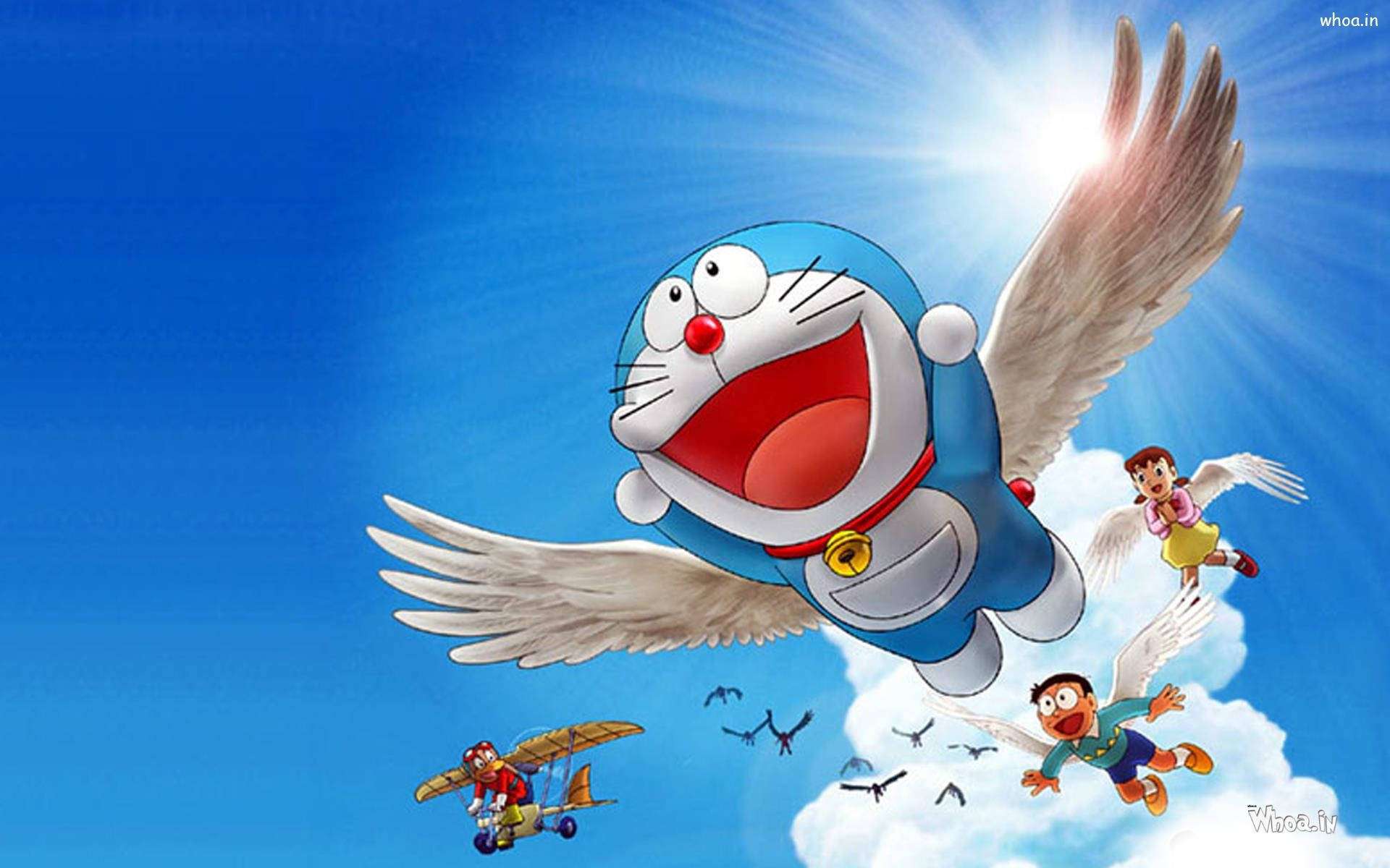 Doraemon, friends, bright blue sky, Full HD Desktop Wallpaper