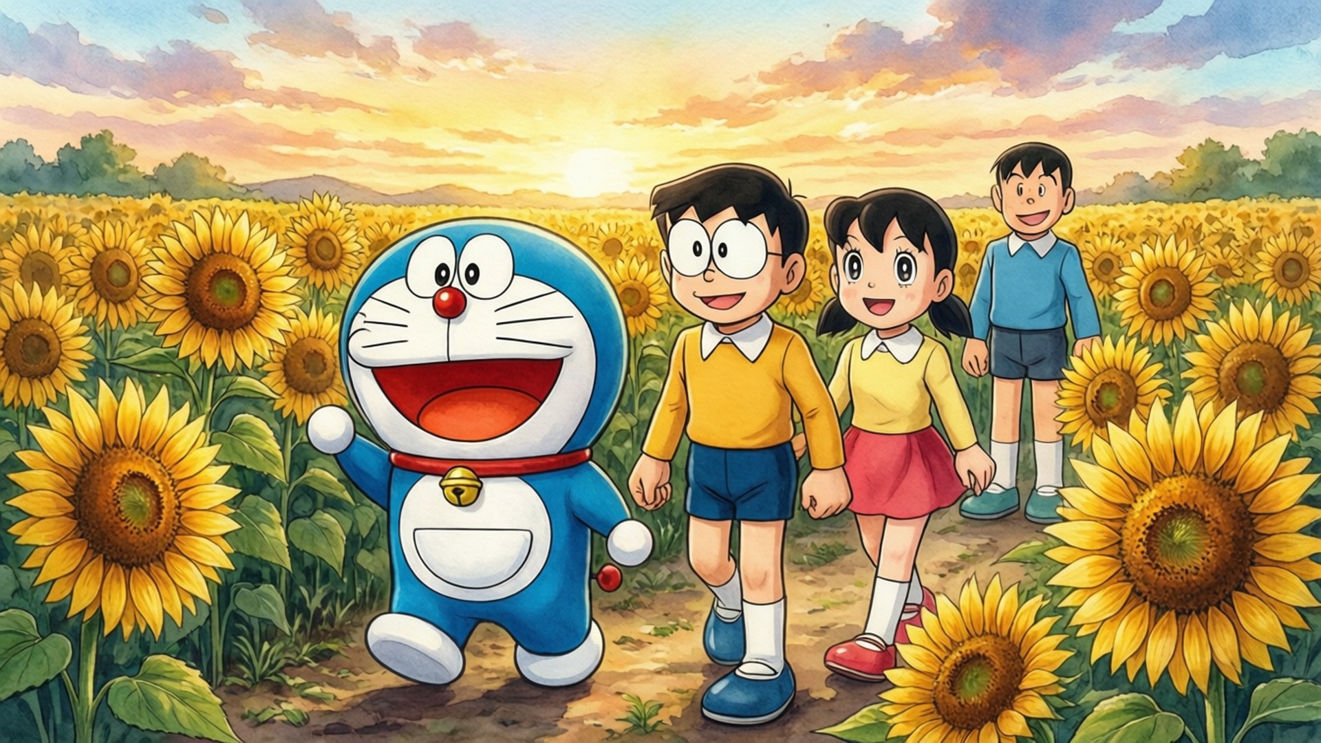 Doraemon, sunflower field, sunset, Full HD Desktop Wallpaper