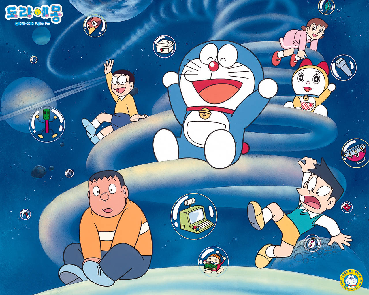 Doraemon, friends, starry space, HD Desktop Wallpaper