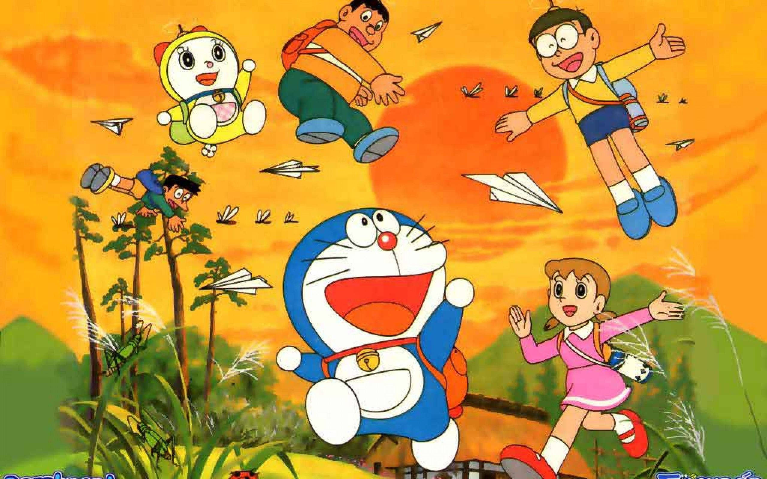 Doraemon, sunset, paper airplanes, 2K Desktop Wallpaper
