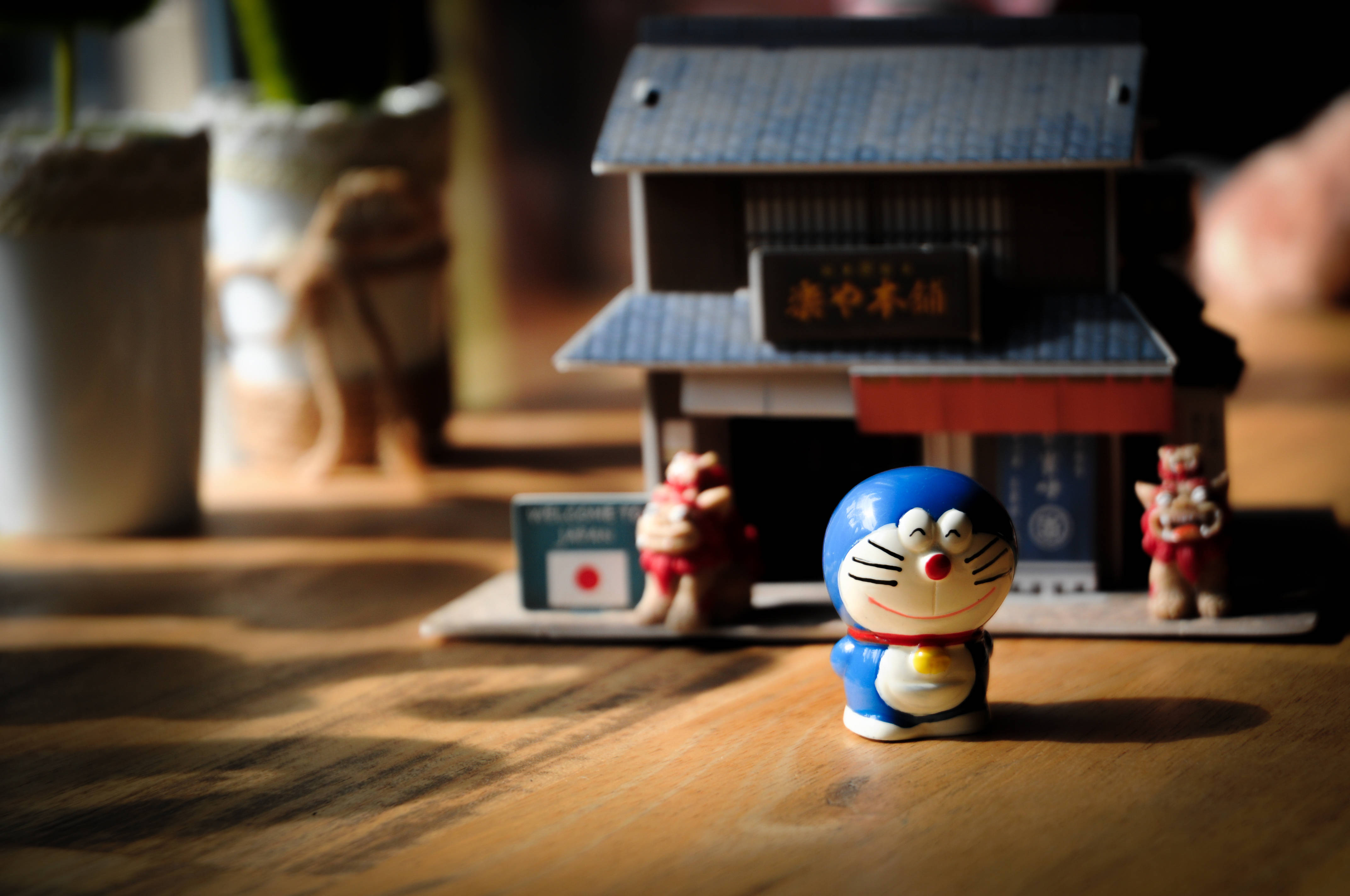 Doraemon, miniature Japanese-style house, red lanterns, 4K Desktop Wallpaper