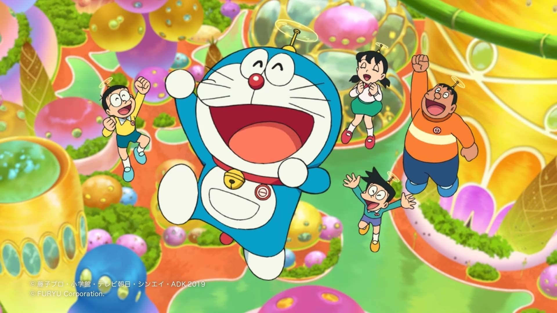 Doraemon, friends, candy-colored fantasy landscape, Full HD Desktop Wallpaper