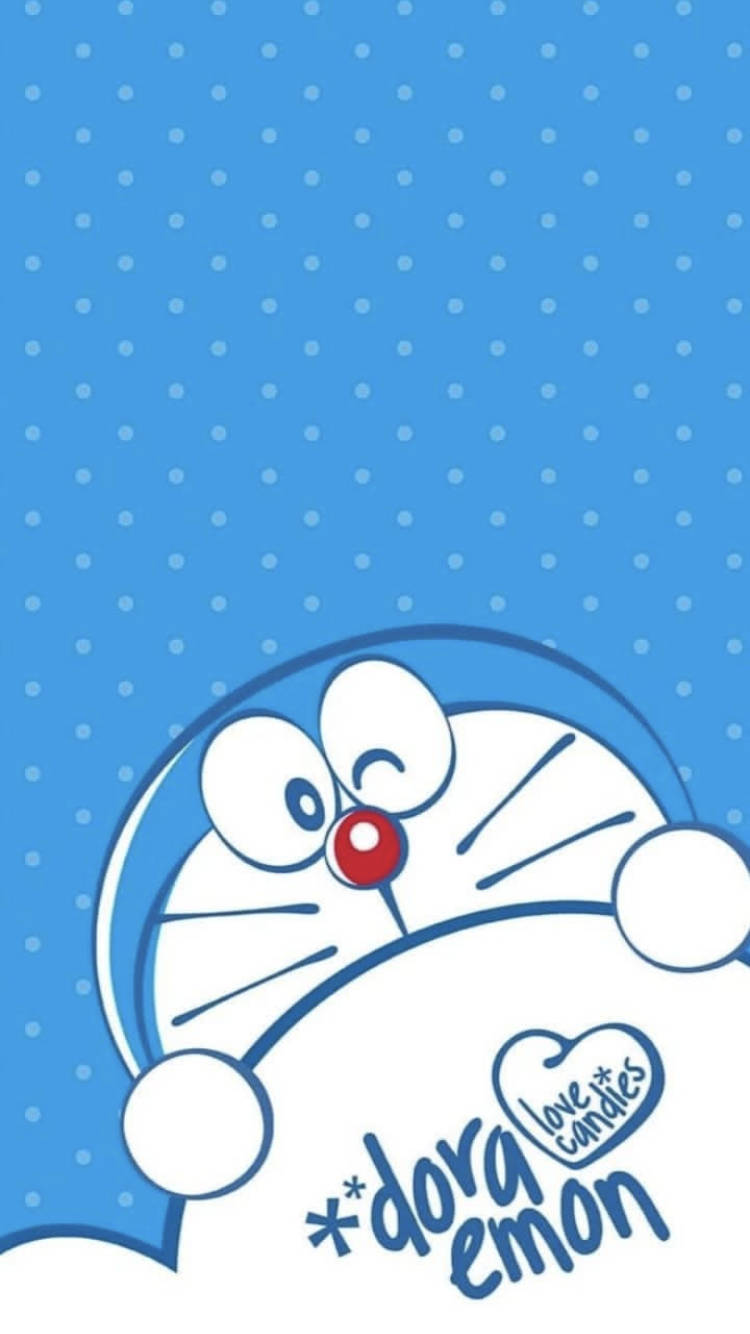 Doraemon, blue polka dot background, heart logo, HD Phone Wallpaper