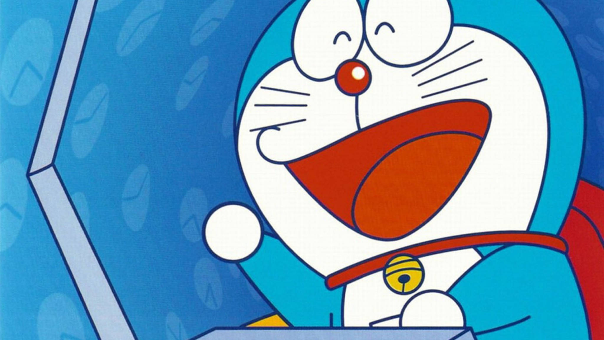 Doraemon, blue robotic cat, blue patterned background, Full HD Desktop Wallpaper
