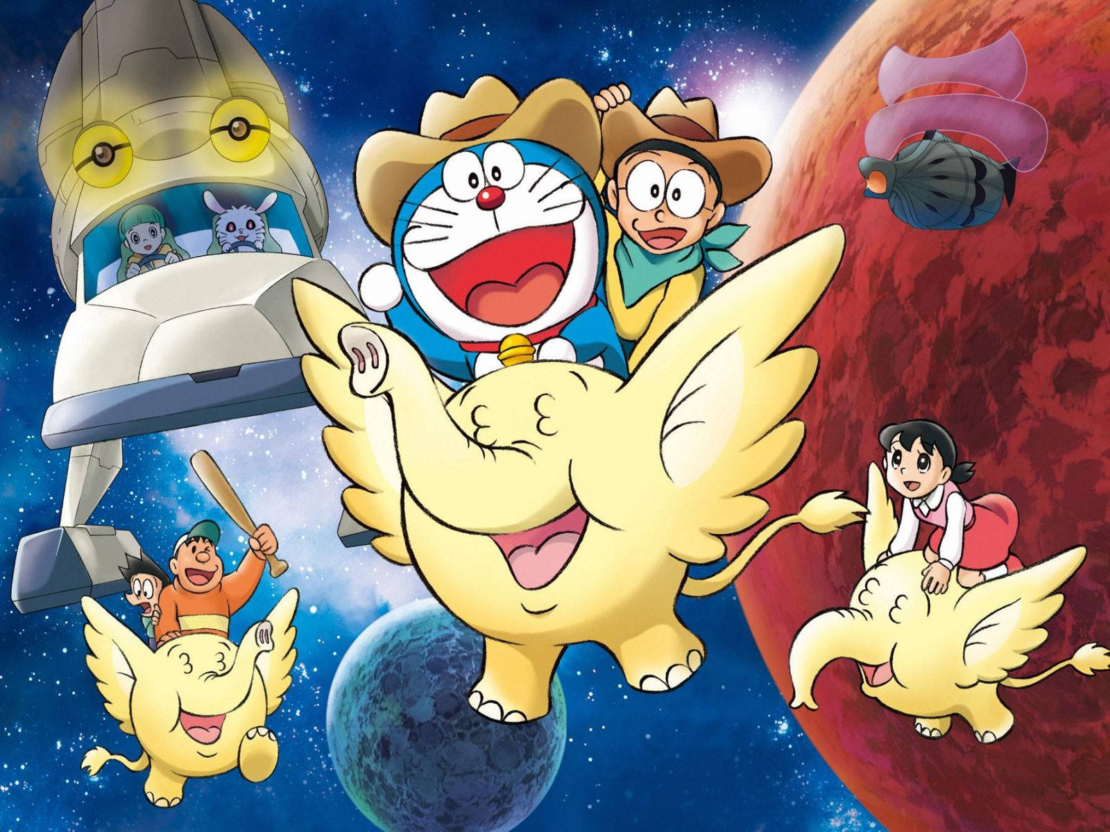 Doraemon, flying elephants, starry space, HD Desktop Wallpaper