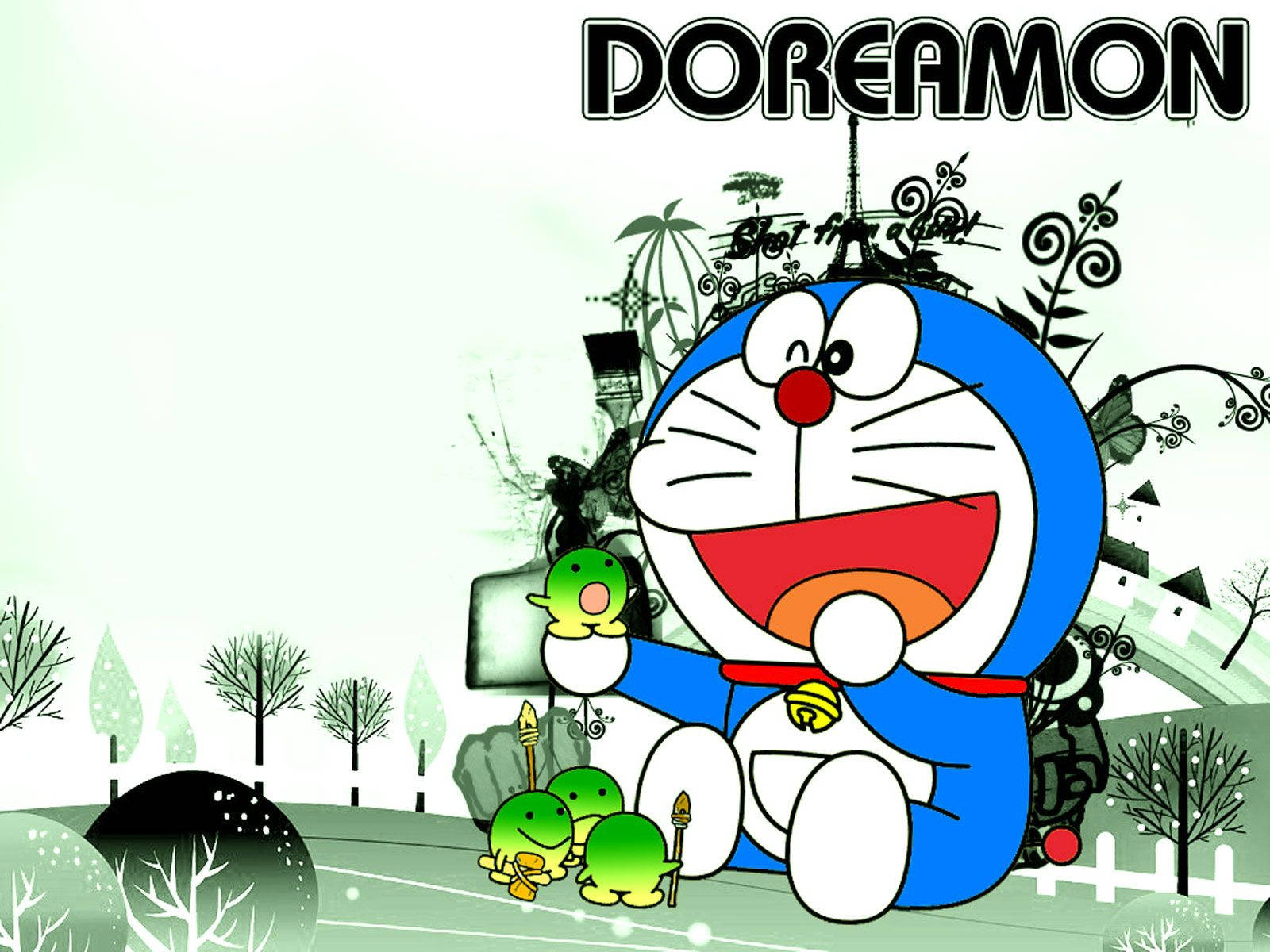 Doraemon, green creature, stylized outdoor scene, HD Desktop Wallpaper