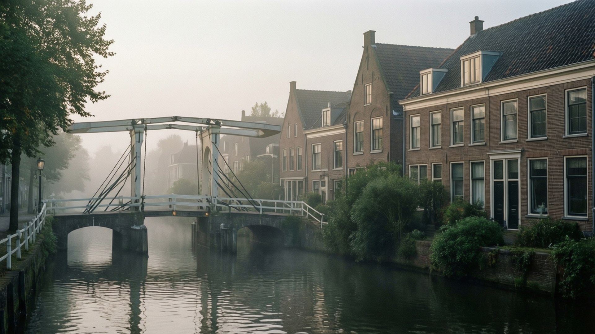 Misty Dordrecht Morning, canal scene, white drawbridge, Full HD Desktop Wallpaper