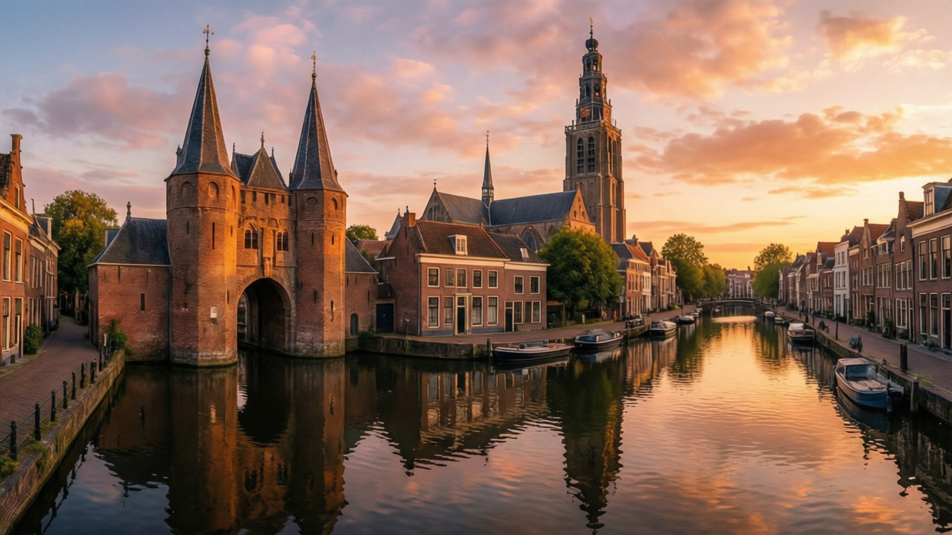 Dordrecht, Golden Hour, Sunset, Full HD Desktop Wallpaper