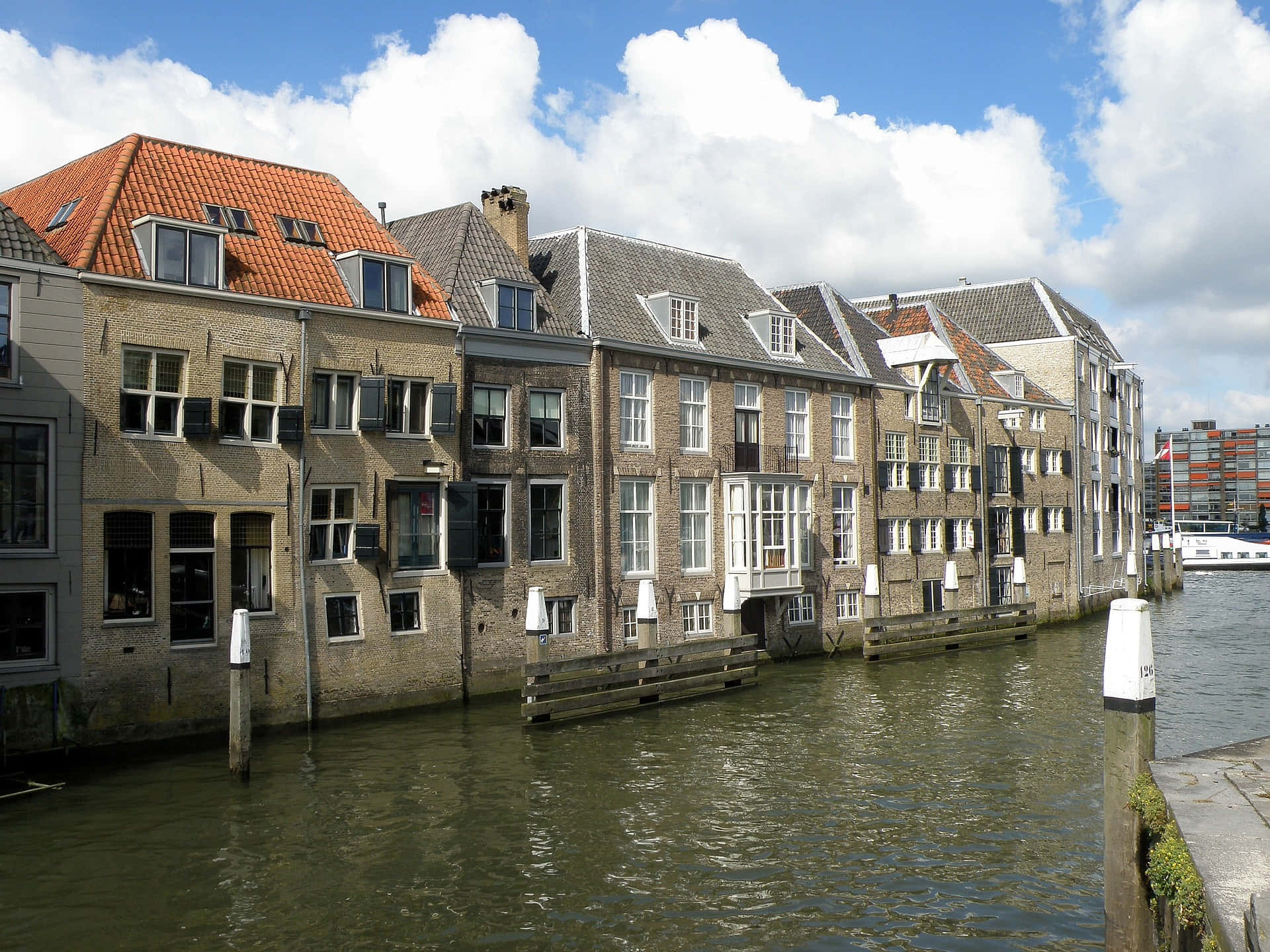 Dordrecht, historic waterfront architecture, brick canal houses, Full HD Desktop Wallpaper