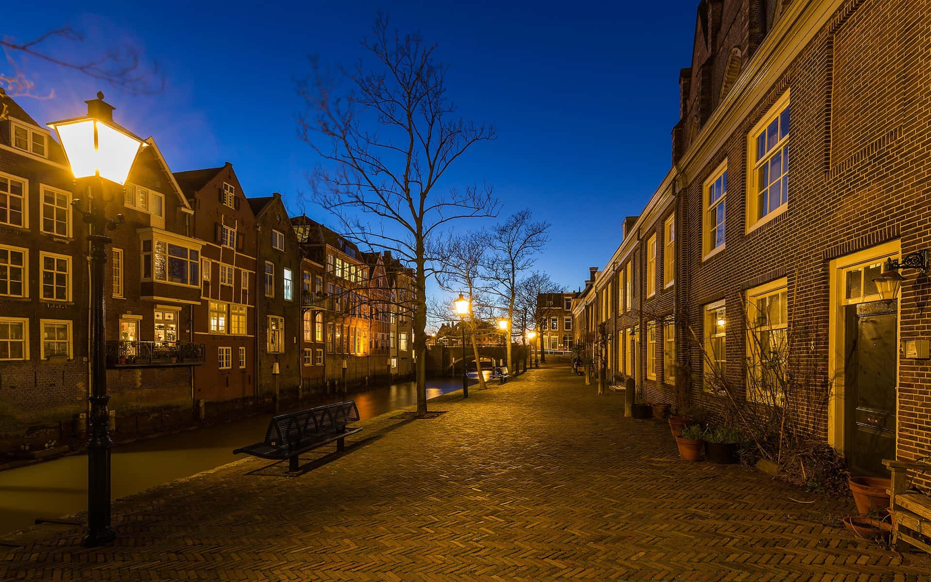 Dordrecht, historic canal, evening scene, Full HD Desktop Wallpaper