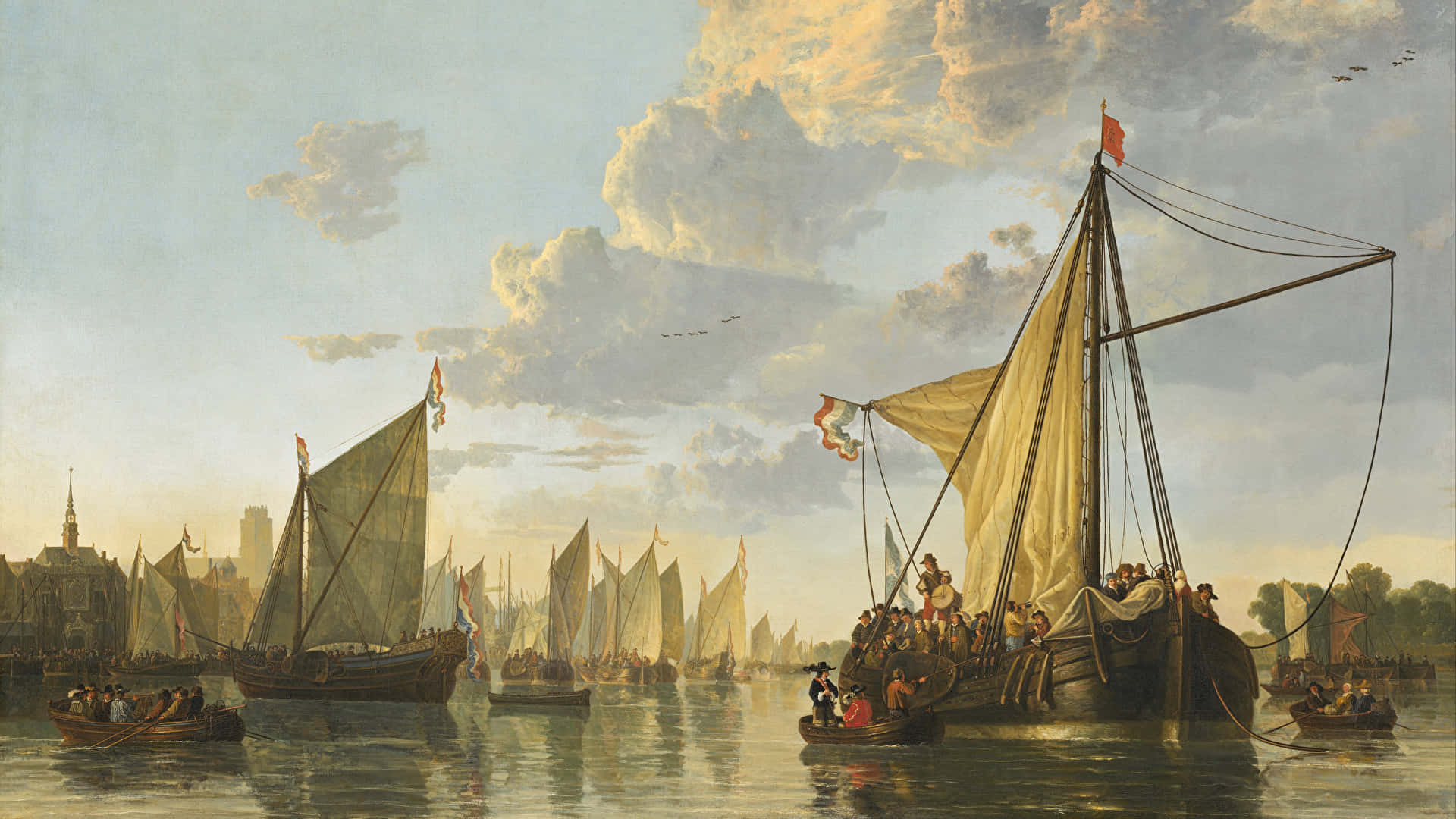 Dordrecht, 17th century Dutch canal, sailing ships, Full HD Desktop Wallpaper