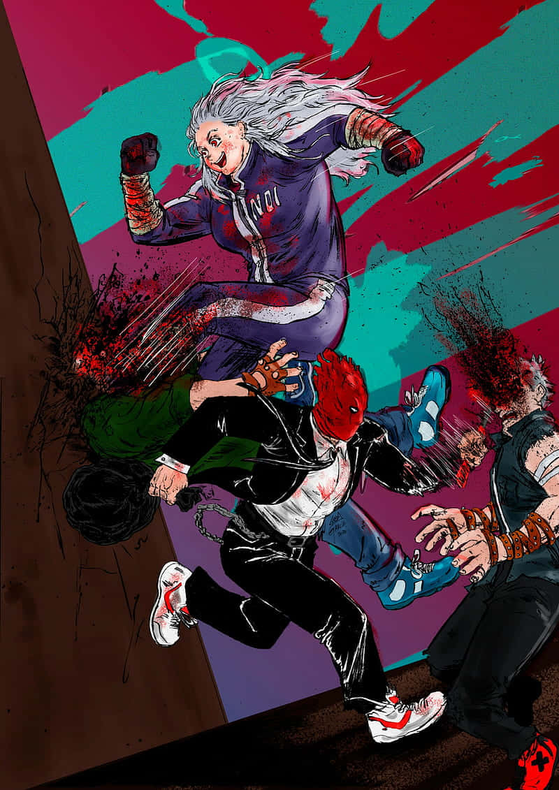 Dorohedoro, white hair, vivid red and teal background, SD Phone Wallpaper